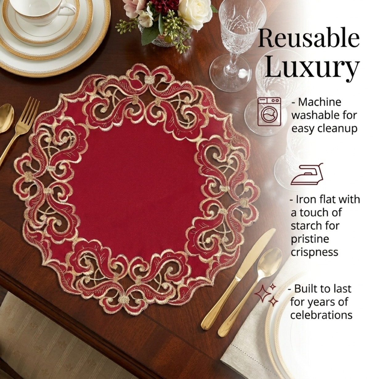 Burgundy Gold Doilies – Granada Collection Embroidered Table Doilies 15 Inch