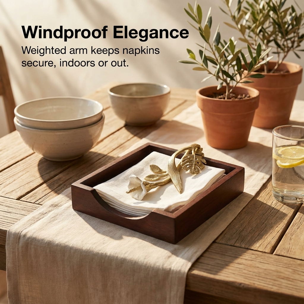 Wooden Napkin Holder – Solid Wood Serviette Holder with Gold Finish Ornament
