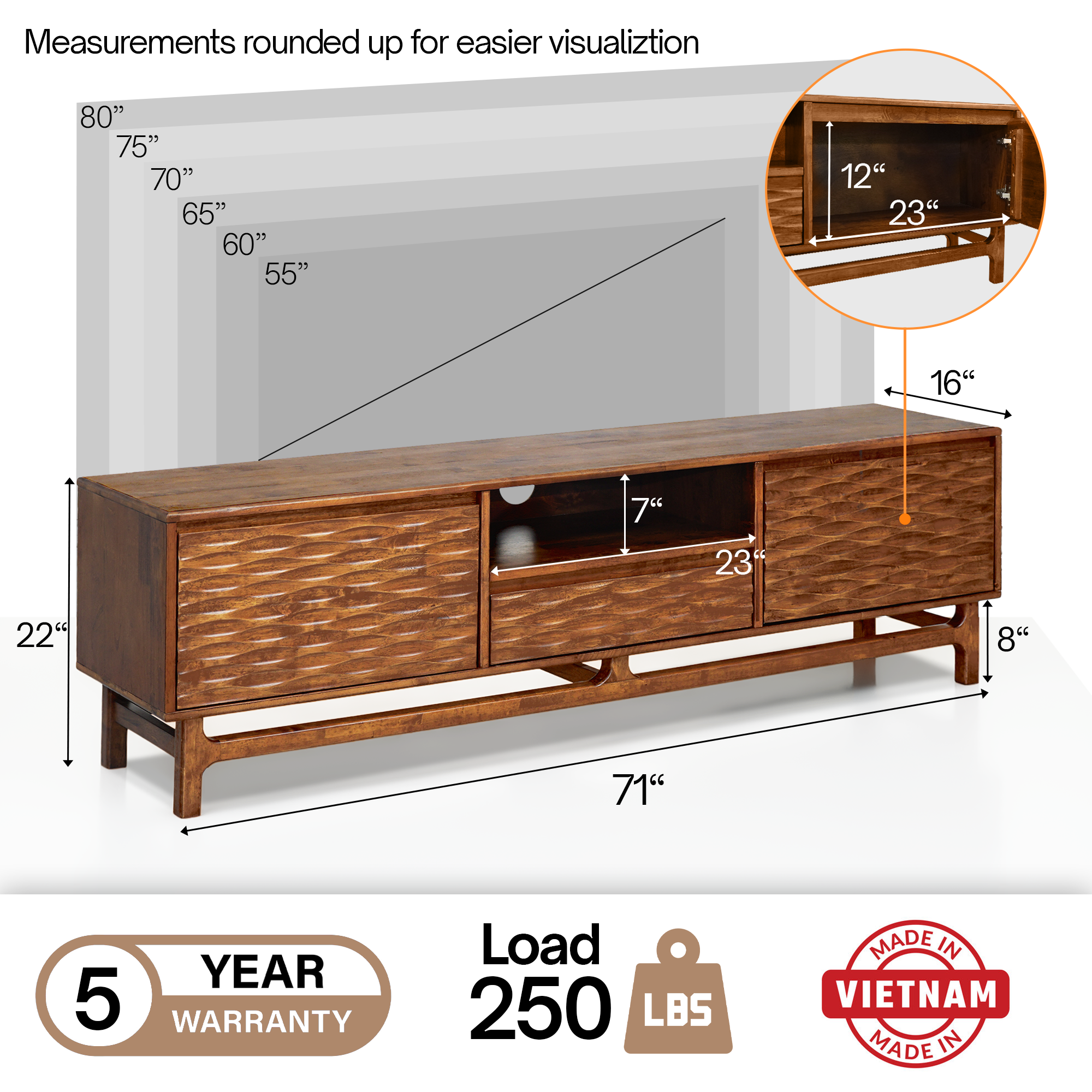 Acacia Elara Solid Wood TV Stand with Storage and Cable Management for TVs up to 80"