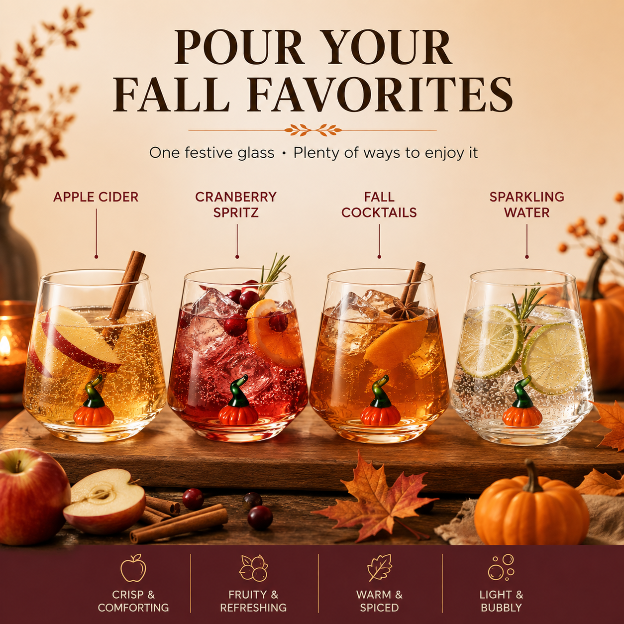 Khen Pumpkin Glass Set Fall Drinkware Decorative - 12oz Clear