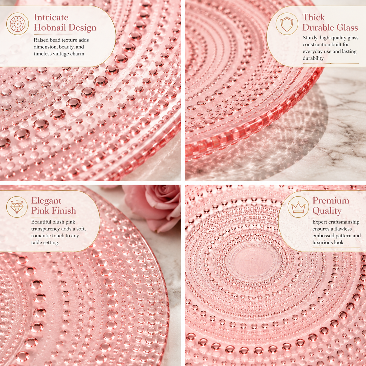 Blush Pink Hobnail Glass Dinner Plates, Set of 4, 10.6-Inch