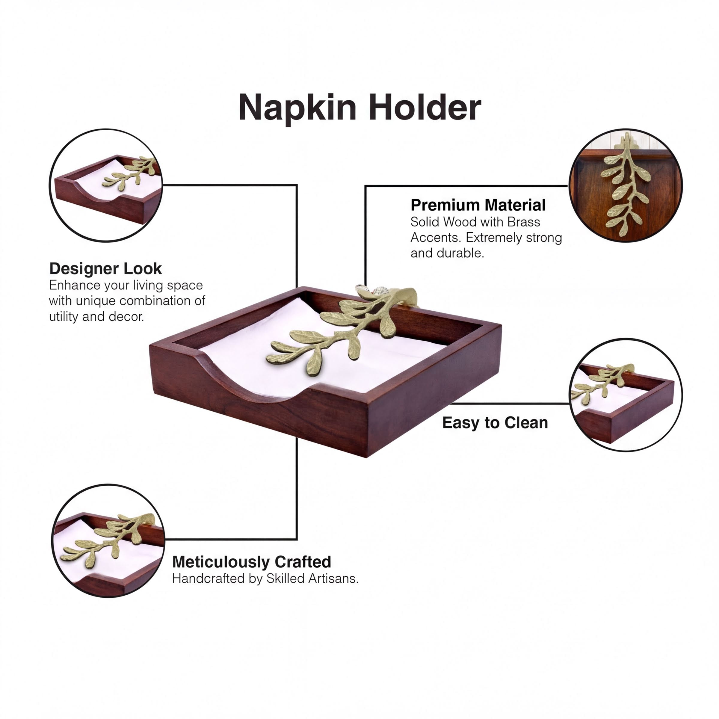 Wooden Napkin Holder – Solid Wood Tabletop Holder with Gold Finish & Weighted Metal Arm