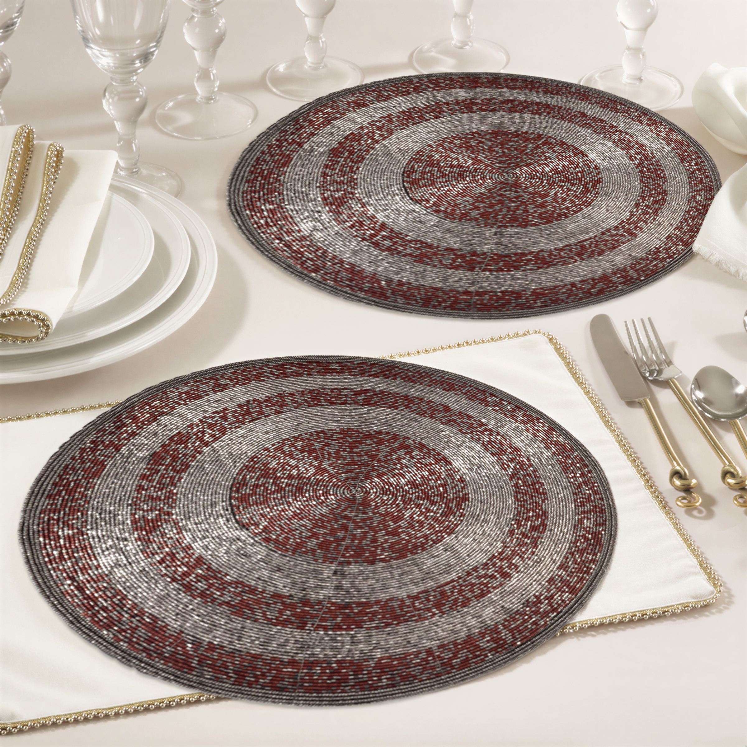 Beaded Placemats – Round Handmade Placemats with Embroidered Glass Beads | 14 Inch