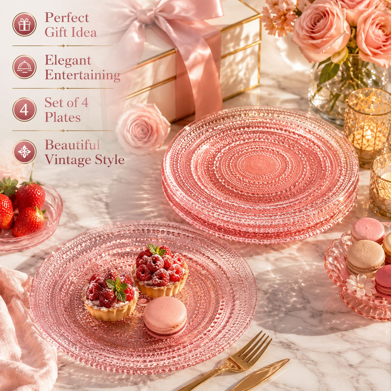 Blush Pink Hobnail Glass Dinner Plates, Set of 4, 10.6-Inch