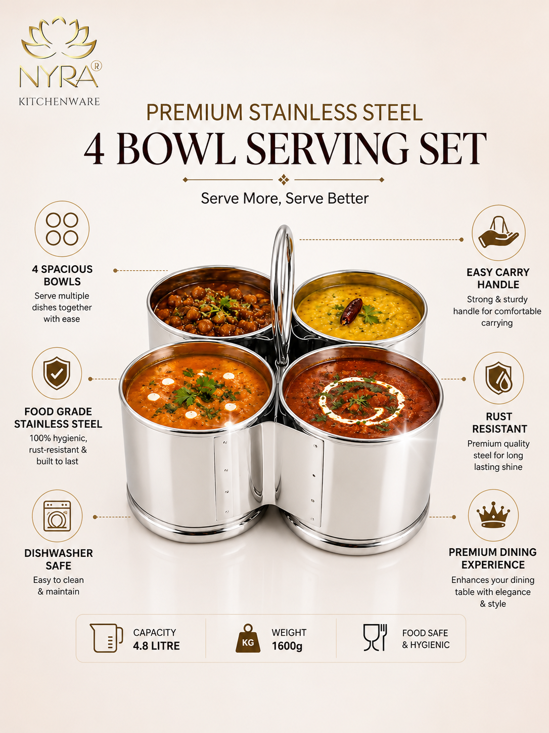 Stainless Steel Chougadha | Chaumukha Vegetable Holder with Handle - quality 4 bowl Container