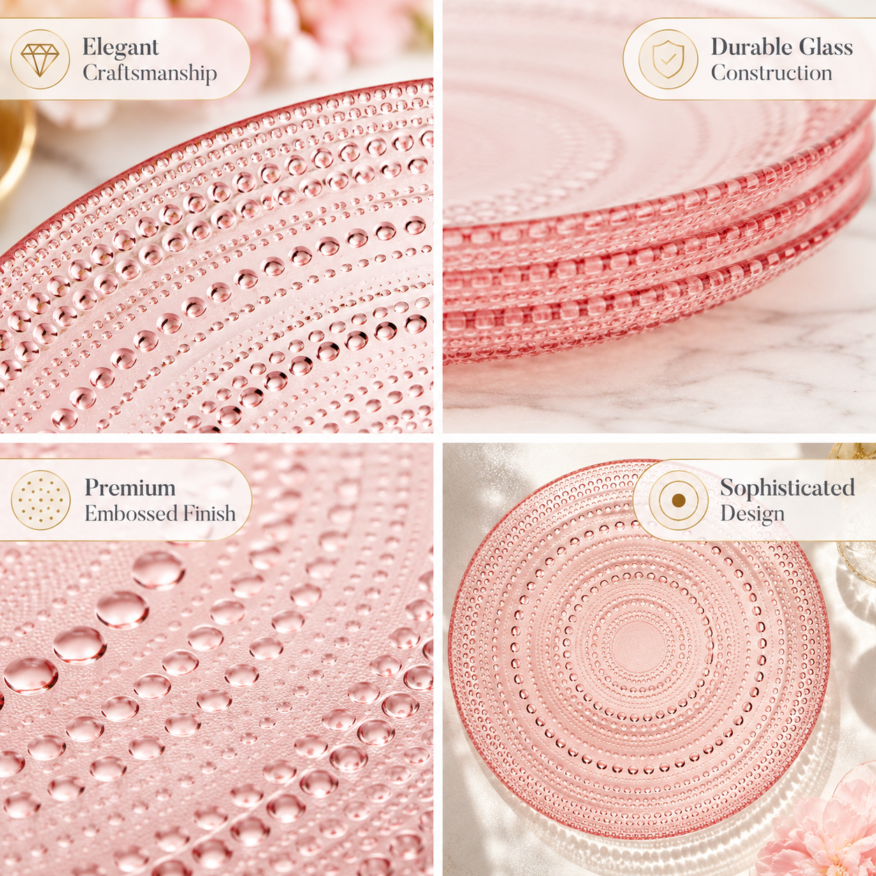 Blush Pink Hobnail Glass Dinner Plates, Set of 4, 10.6-Inch