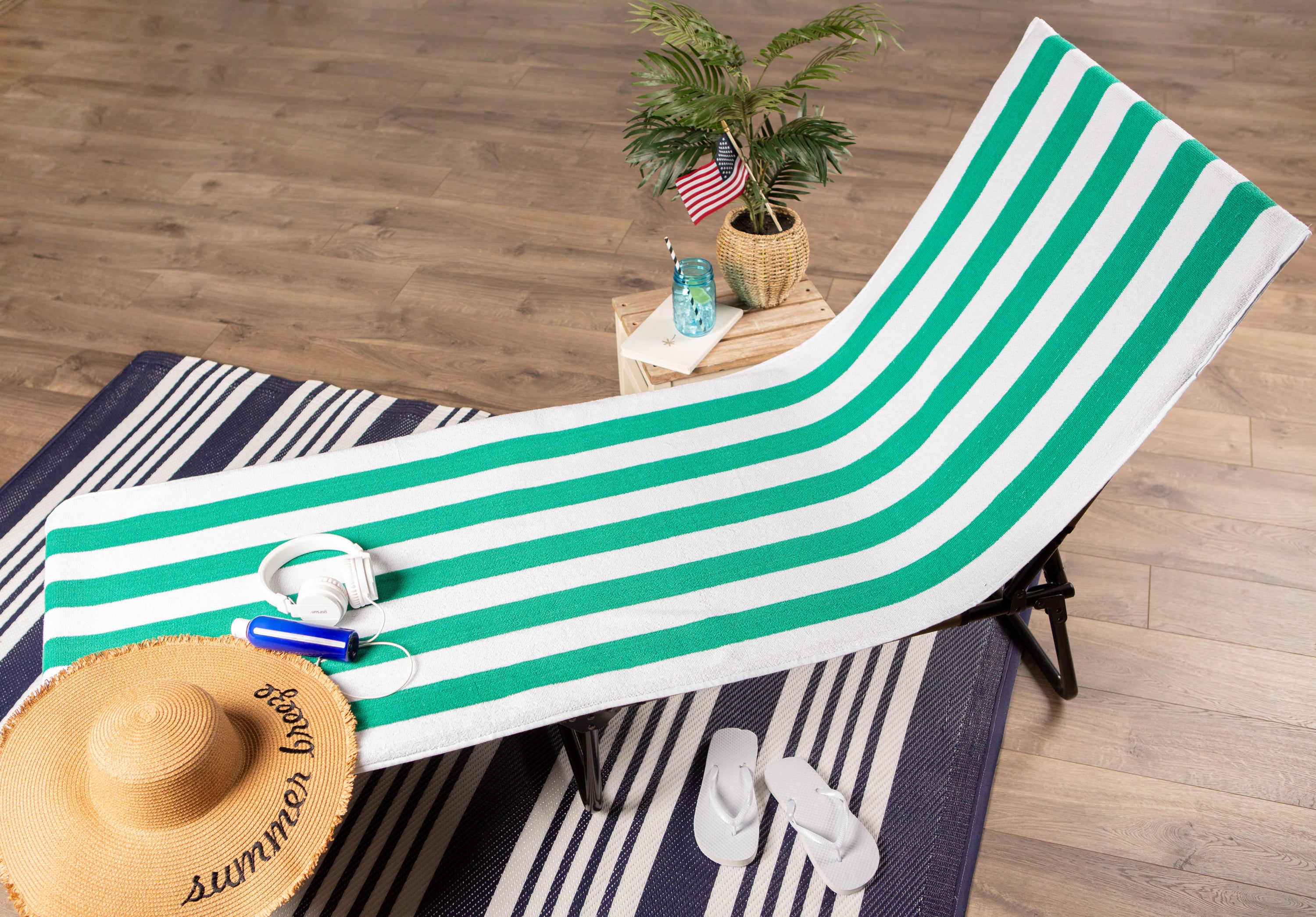 J&M Emerald Green Stripe Lounge Chair Beach Towel With Top Fitted Pocket 26x82