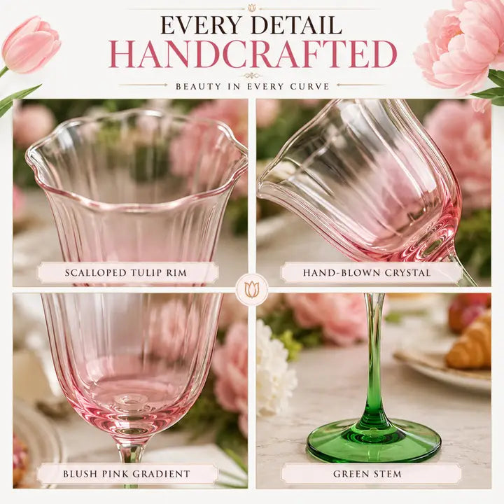Khen Blossom Pink Tulip Wine Glasses Set of 2, Hand Blown Colored Crystal