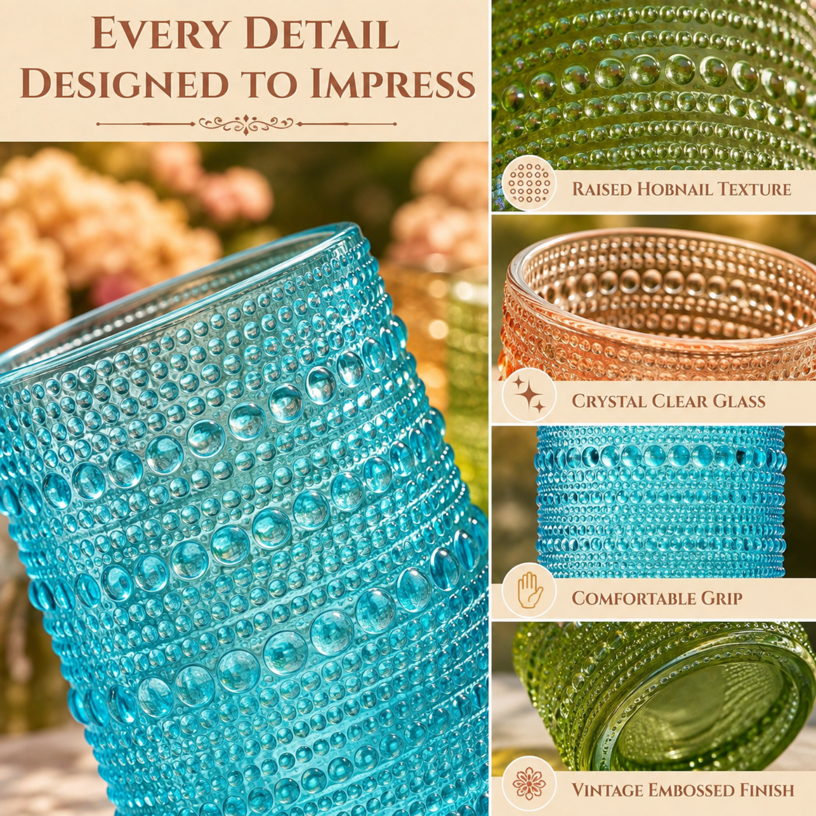 Fortuna Hobnail Lowball & Highball Glassware, Set of 12