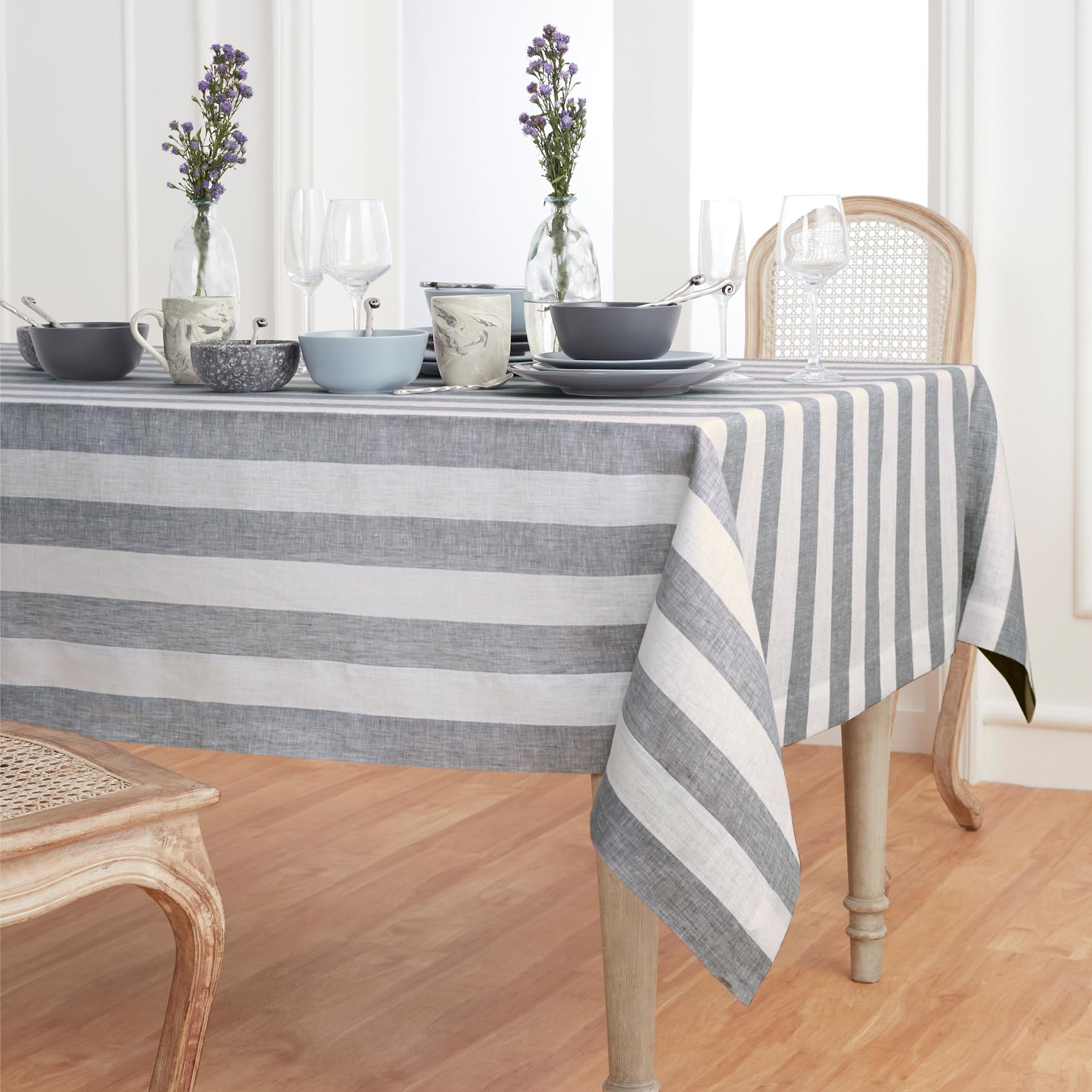 Solino Home Cabana Stripe Linen Tablecloth 120'' L X 60'' W Inch - 100% Pure Linen Grey And White Tablecloth For Spring, Easter