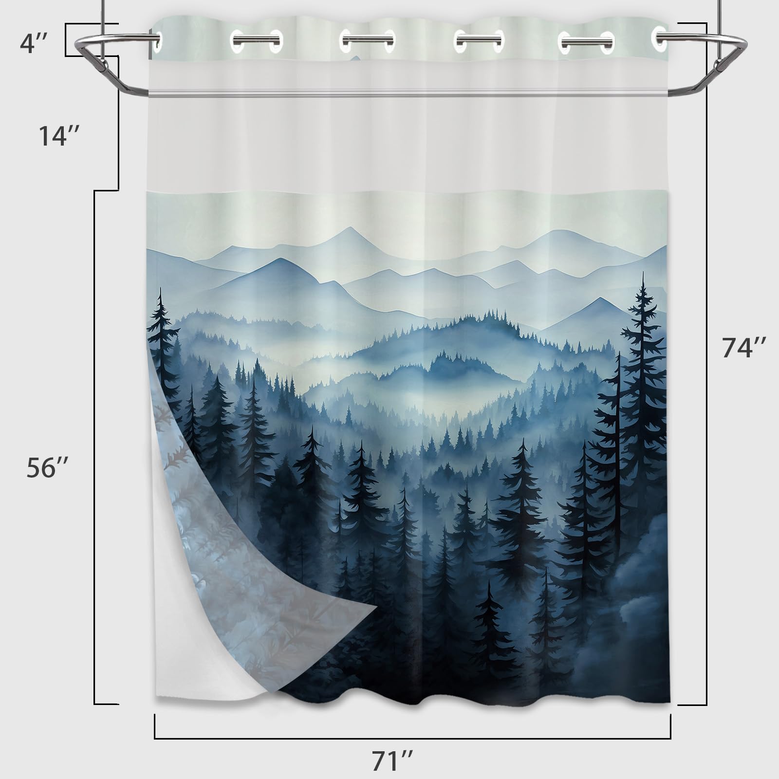 Qghot Forest Hookless Shower Curtain With Snap In Liner, Nature Mountain No Hook Double Layer Shower Curtain And Liner Set, Ring
