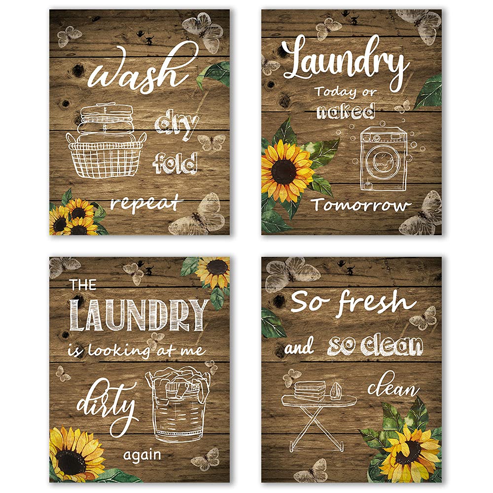 Iiiluyot Sunflower Laundry Room Wall Decor Sign 4Pcs Rustic Farmhouse Vintage Butterfly Wall Poster Decorations For Laundry Room