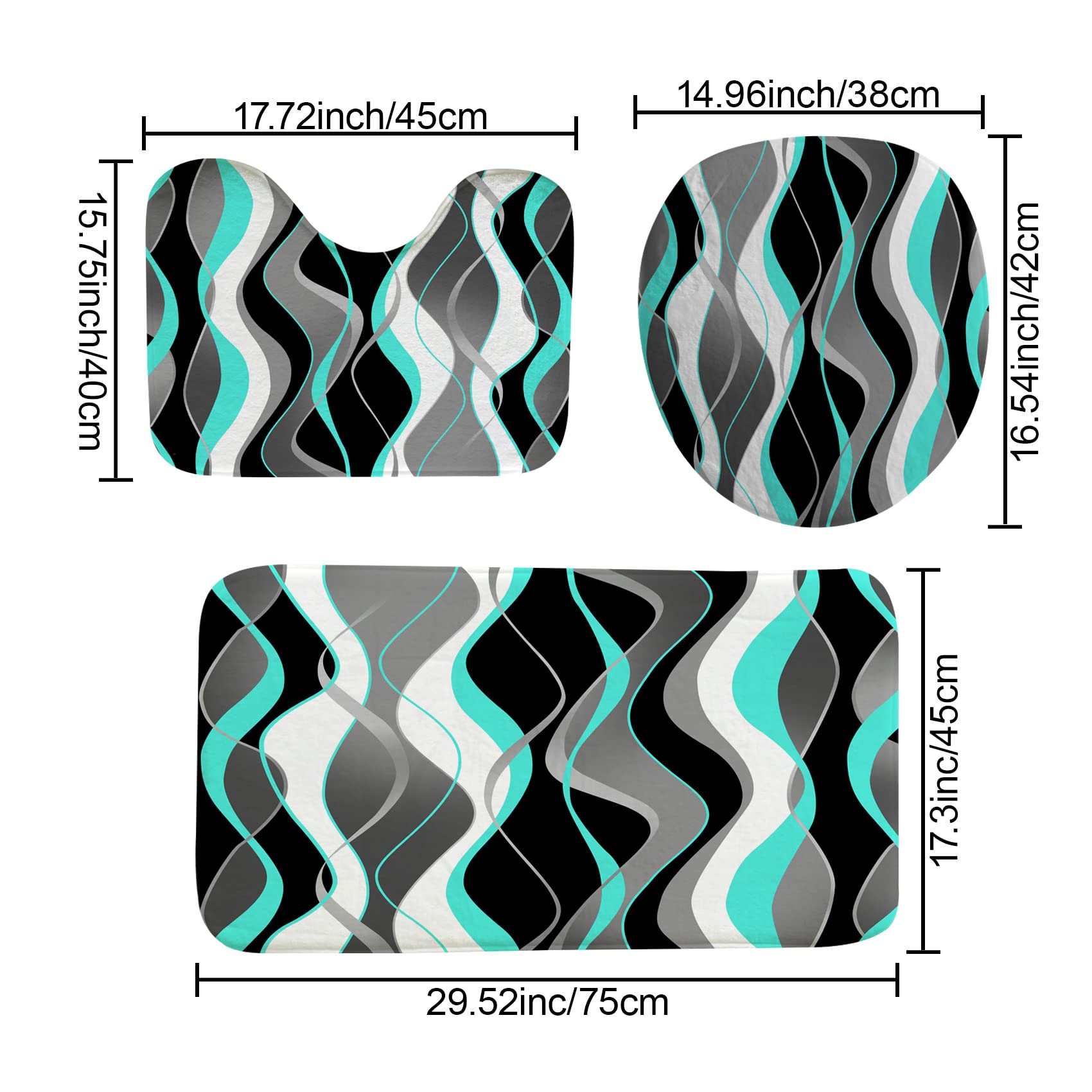 4Pcs Turquoise Shower Curtain Sets With Non-Slip Rugs, Toilet Lid Cover And Bath Mat, Black And Gray Bathroom Decor Set Accessor