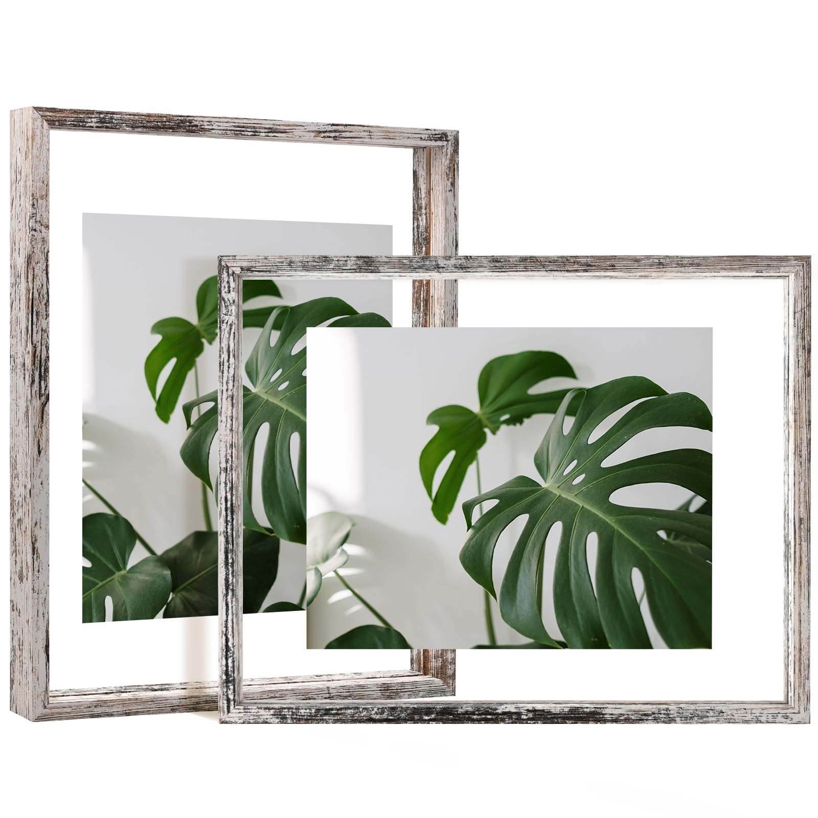 Egofine Distressed White 11x14 Floating Frames Set of 2, Double Glass Picture Frame, Made of Solid Wood Display Any Size Photo u