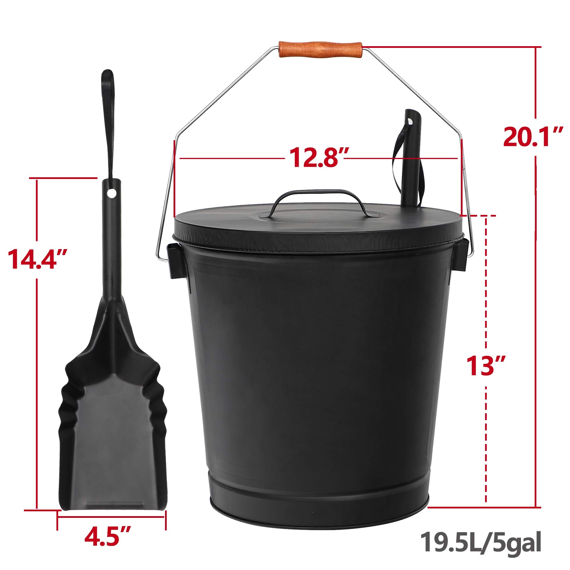 F2C 5.15 Gallon Large Ash Bucket With Lid And Shovel Galvanized Metal Coal And Hot Ash Pail For Fireplace, Fire Pits, Wood Burni