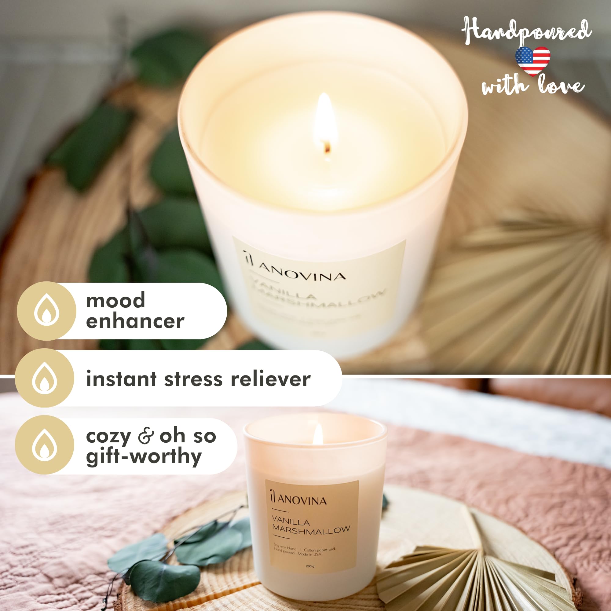 Anovina Vanilla Scented Candle with Gift Box. Candles for Home, Secented Candle Gifts for mom, Glass Jar with Bamboo Lid Hand Po