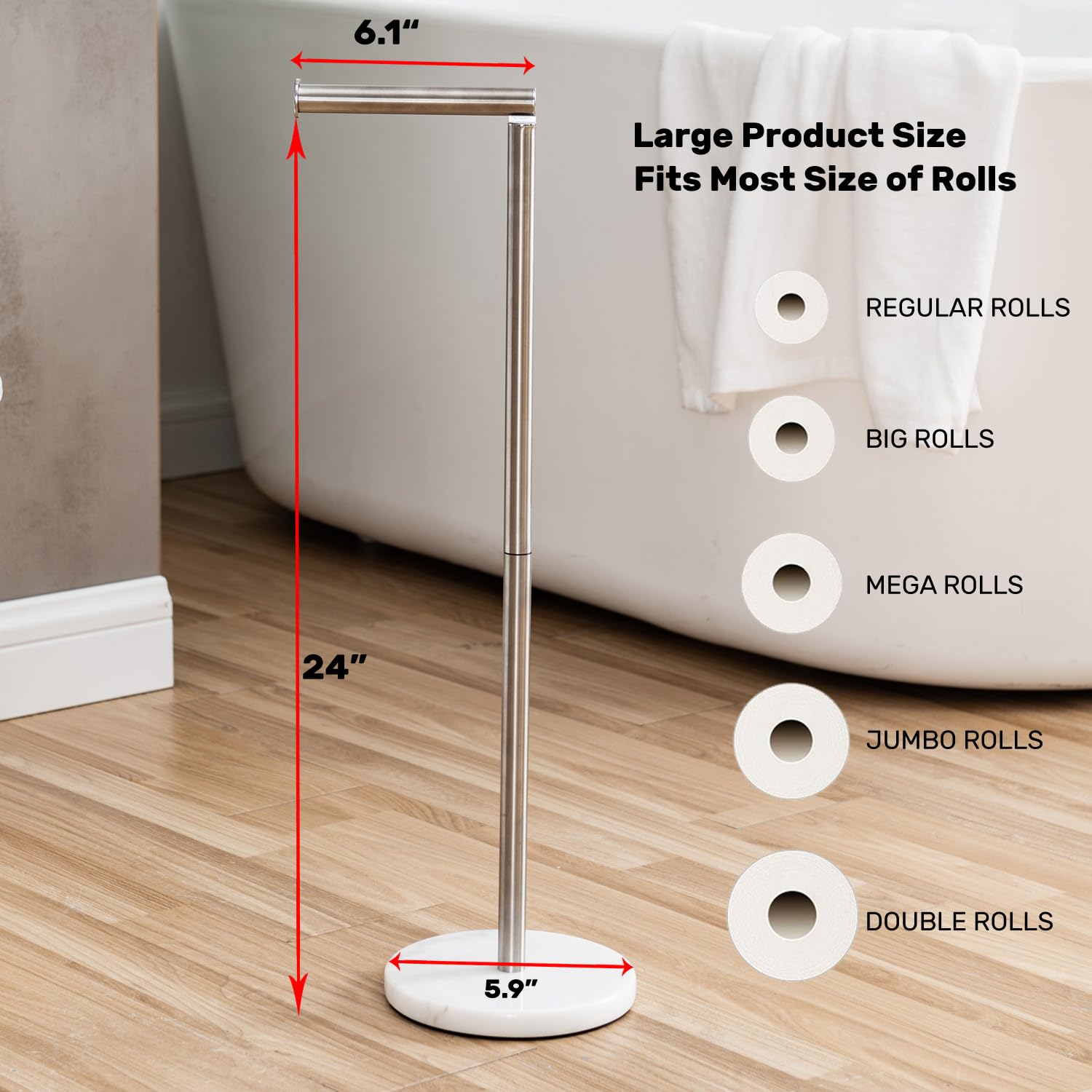 Toilet Paper Holder Stand ?2022 Upgraded? -Free Standing Toilet Paper Holder with Heavy Marble Base and Brushed Nickel SUS304 Stainless Steel Pole