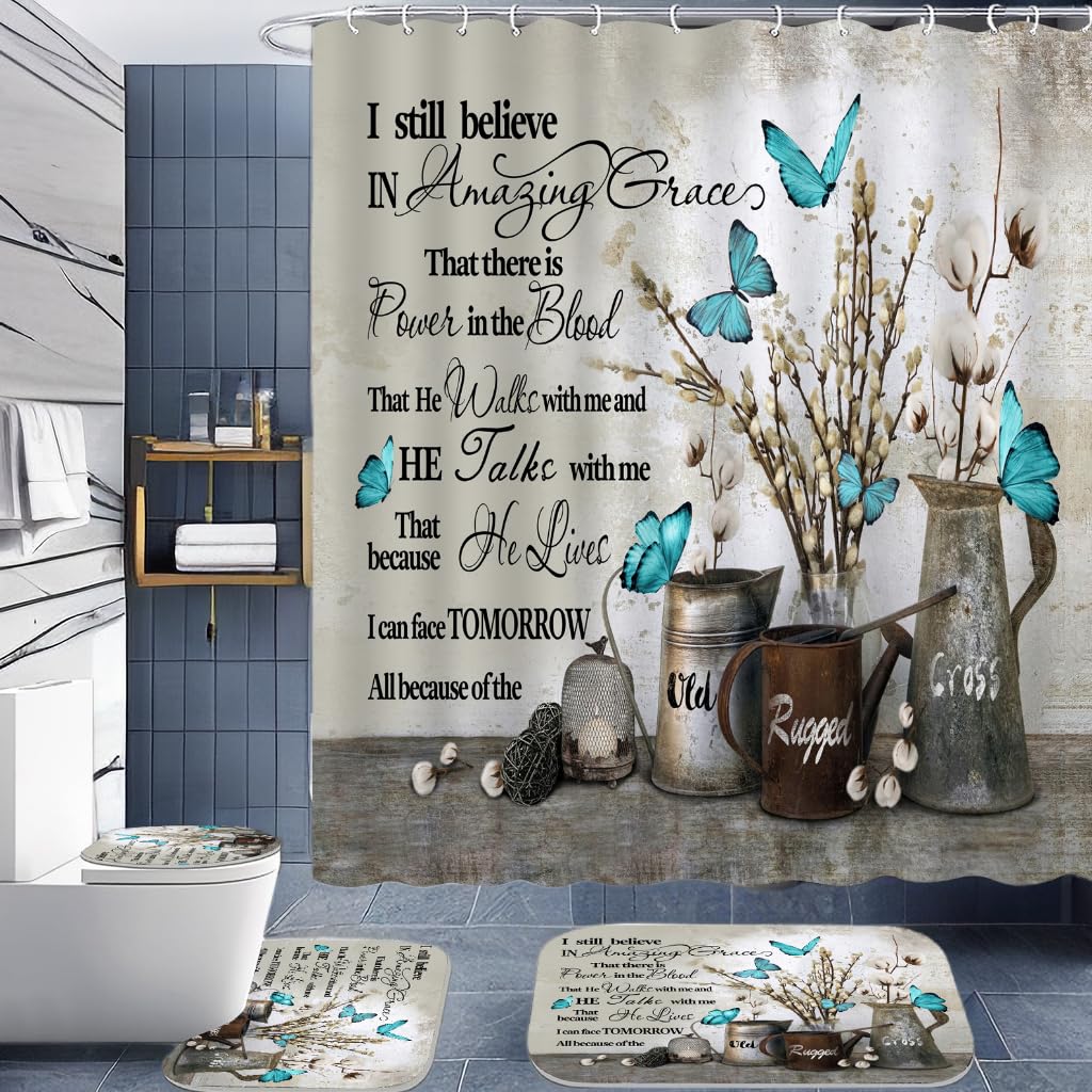 Alexex 4 Pcs Floral Bible Verse Shower Curtain Sets,Inspirational Quotes Bathroom Set With Shower Curtain And Rugs And Accessori