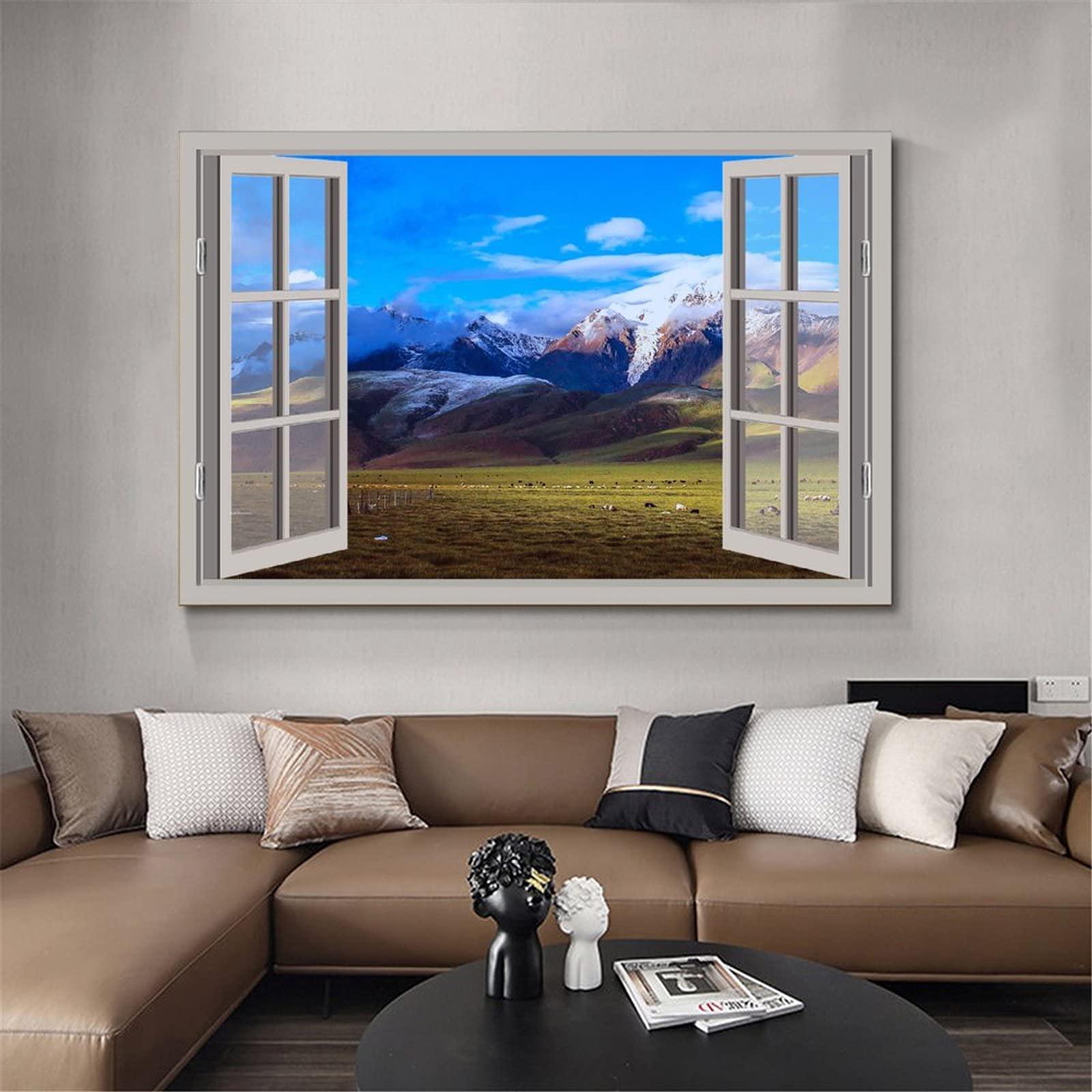3D Open Window View Grassland Natural Scenery Posters Canvas Painting Modern Wall Art Home Living Room Decor Bedroom Aesthetic M