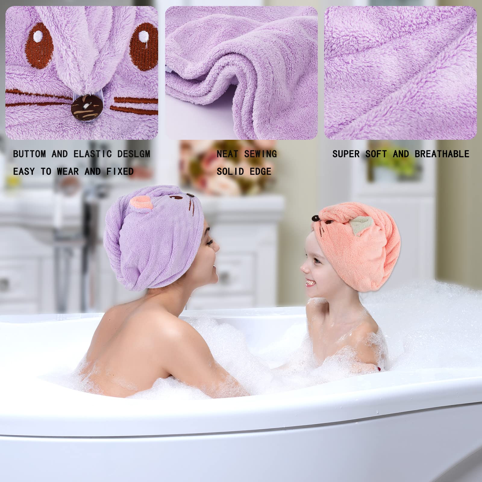 Whaline 2 Pack Parent-Child Quick Dry Hair Towel Cute Mouse Hair Towel Wrap Purple Pink Cotton Hair Turban Towels Super Absorben