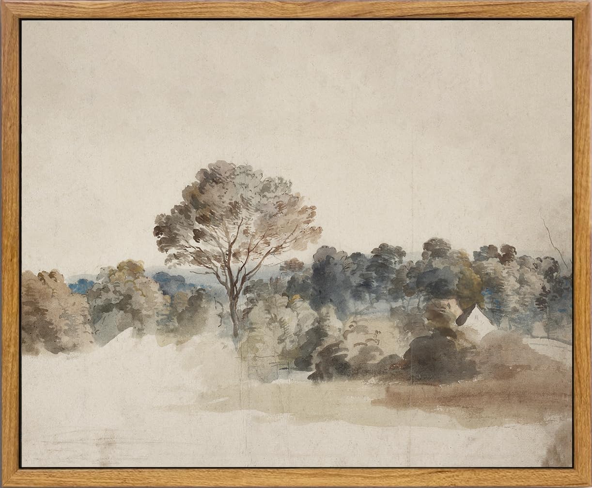 Kbkbart Framed Vintage Neutral Wall Art Prints, Antique Rustic Muted Landscape Canvas Painting, Retro Countryside Nature Wildern