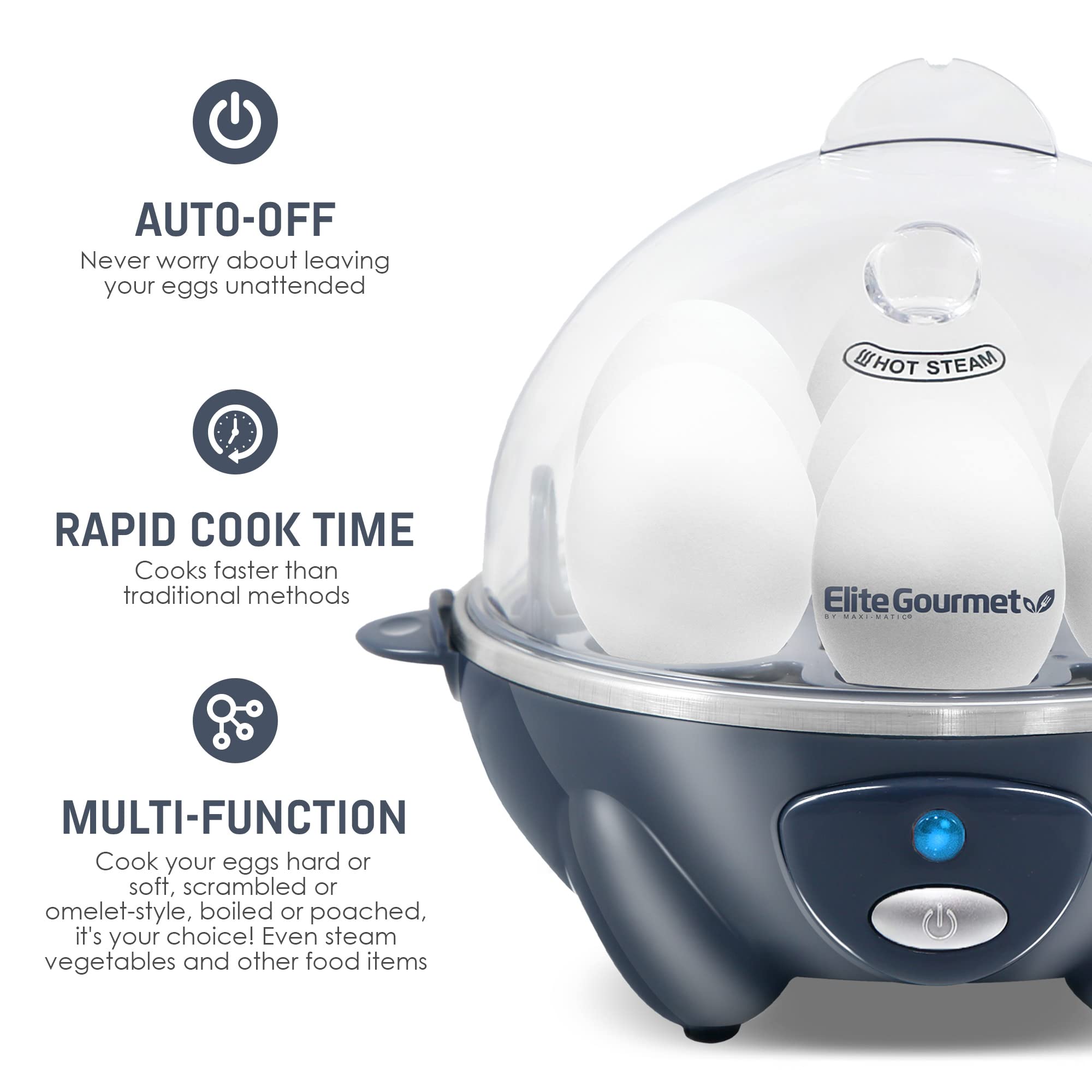 Elite Gourmet Egc710Bg Rapid Egg Cooker, 7 Easy-To-Peel, Hard, Medium, Soft Boiled Eggs, Poacher, Omelet Maker, Auto Shut-Off, A
