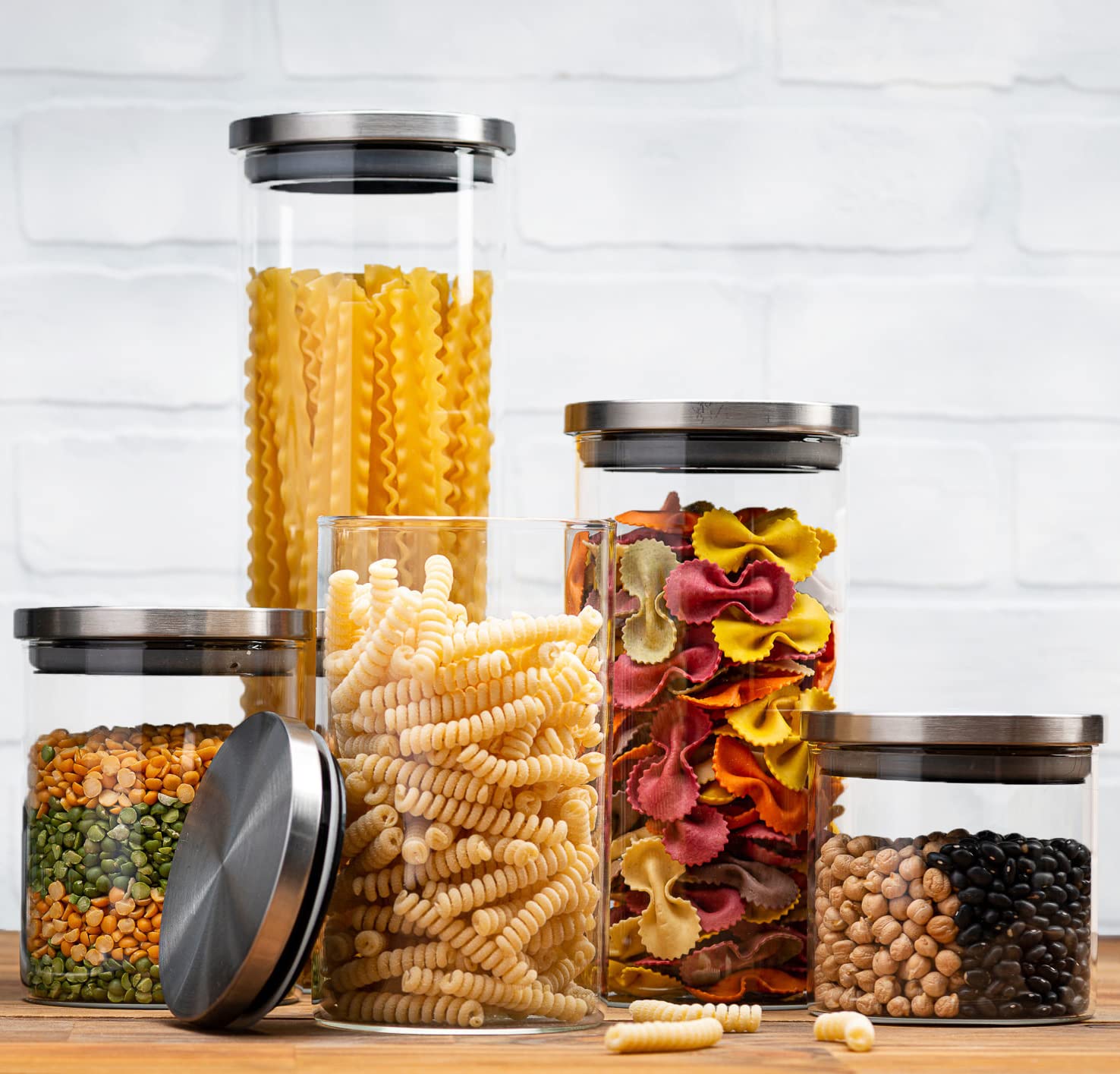 Set of 5 Glass Kitchen Canisters with Airtight Stainless-Steel Lid - Dishwasher Safe, Storage Jars for Kitchen, Bathroom & Pantr