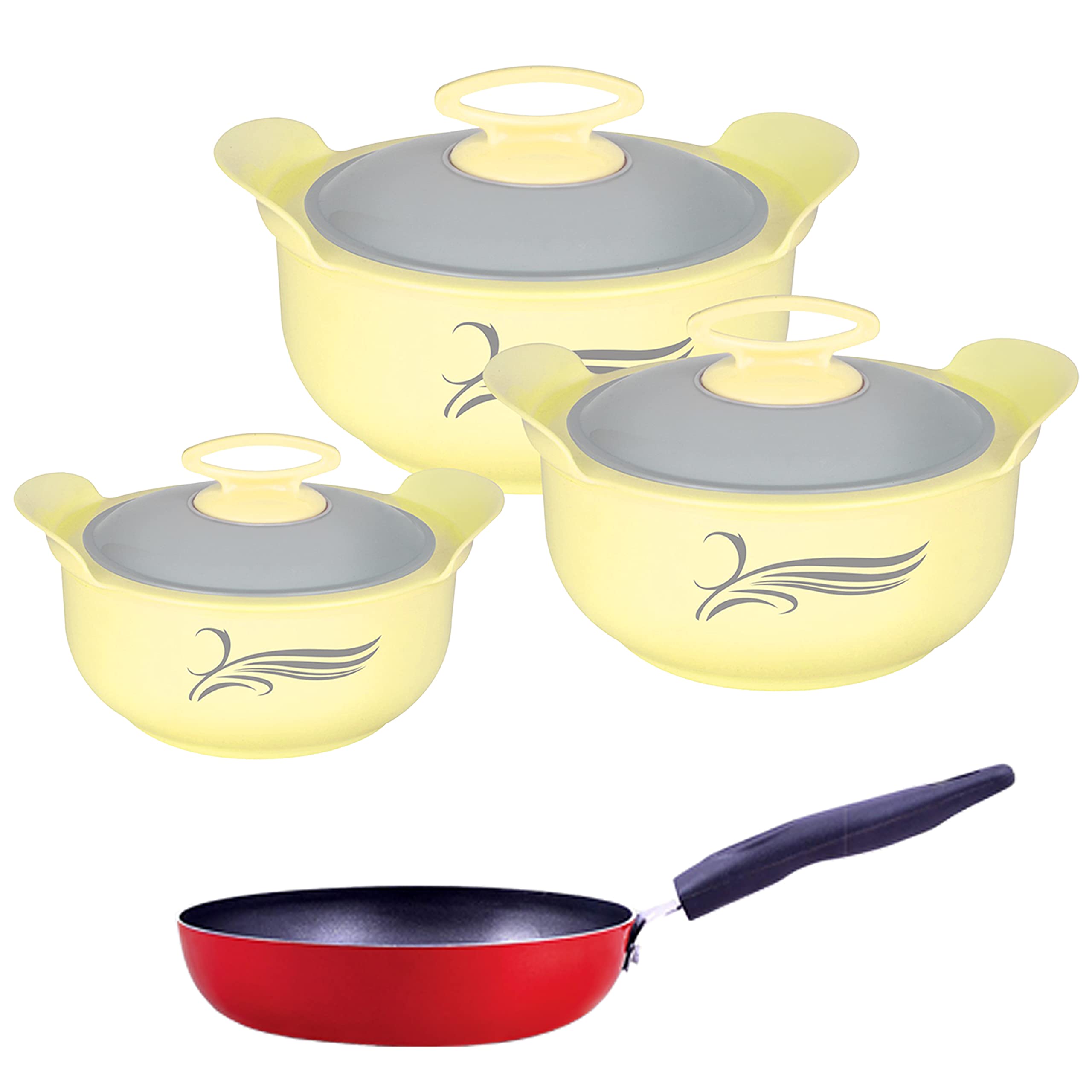 Nirlon Delight Inner Steel Casserole (800Ml, 1200Ml, 2000Ml) Yellow With Non Stick Aluminium Tadka Pan 13Cm Combo Set