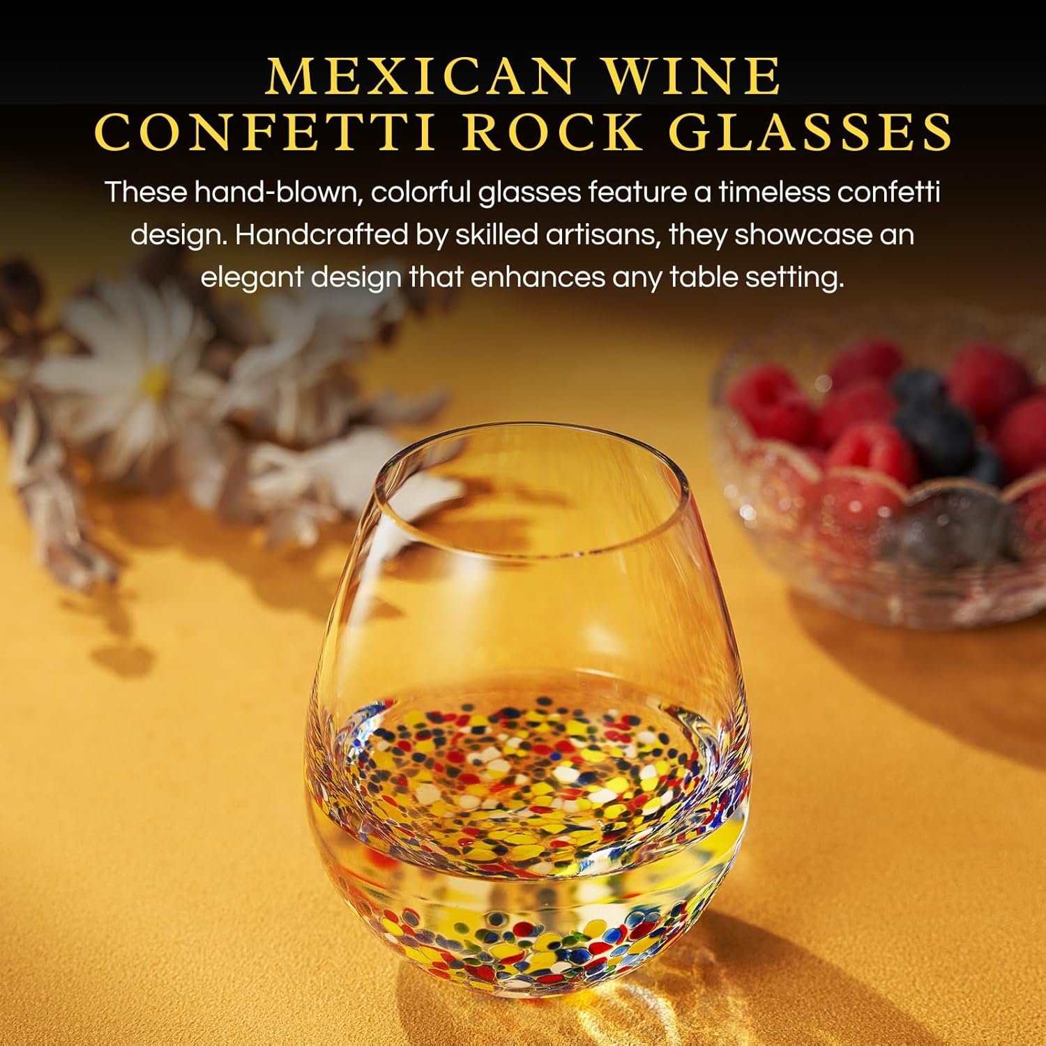 The Wine Savant Mexican Wine Glasses Hand Blown Confetti Rock  - Clear