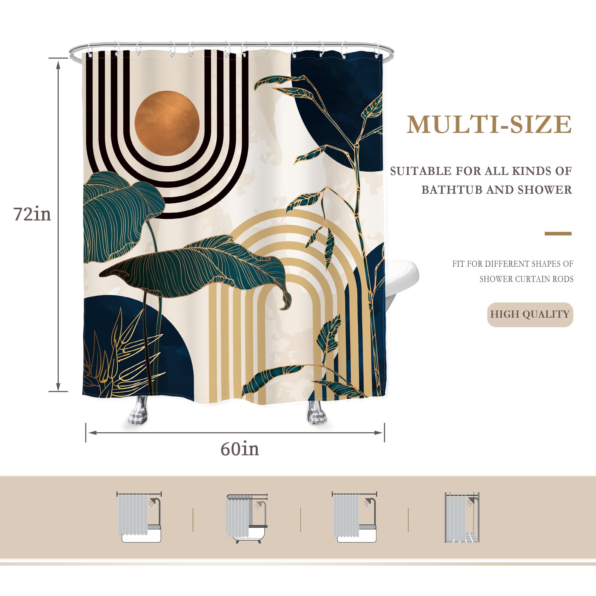 Glawry Blue Abstract Mid Century Shower Curtain Boho Retro Tropical Palm Tree Sun Arch Modern Bathroom Aesthetic Geometric 60Wx7