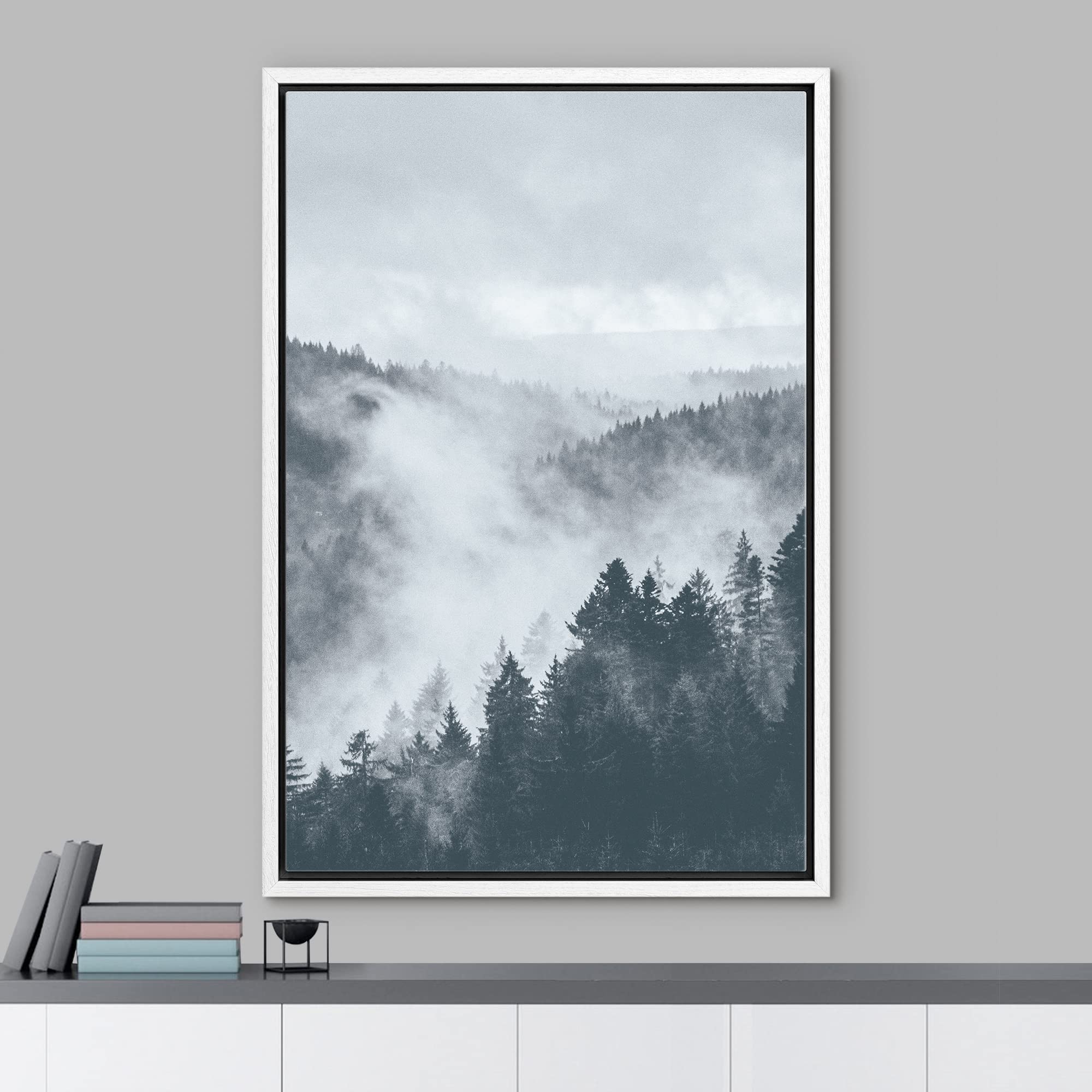 NWT Framed Canvas Print Wall Art Fog Over The Dark Mountain Forest Nature Wilderness Photography Realism Rustic Scenic Colorful Duotone for Living Room  Bedroom  Office - 24''x36'' White