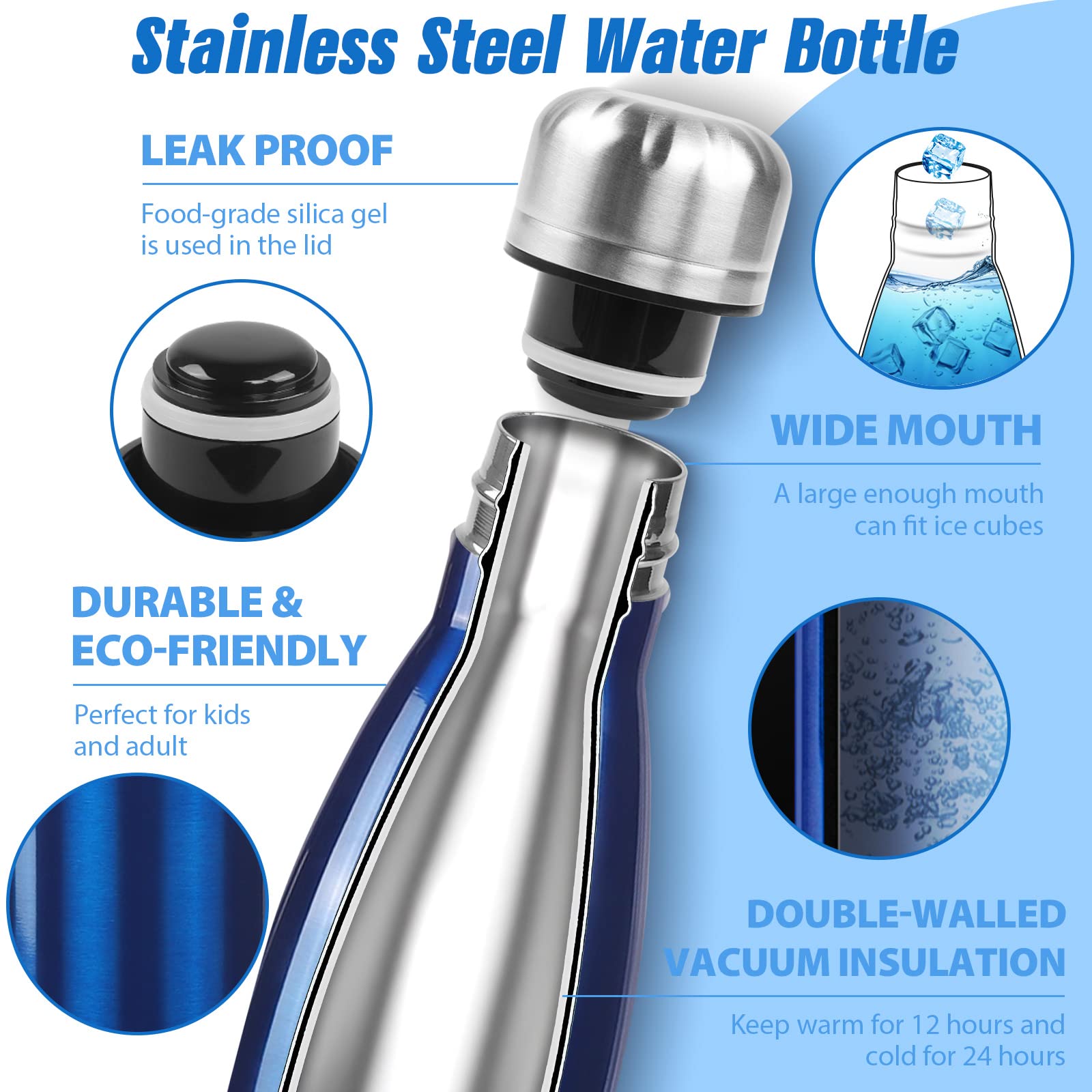 Sfee Insulated Water Bottle, 17 Oz Stainless Steel Water Bottles, Double Wall Vacuum Reusable Water Bottles Leak Proof Bpa-Free