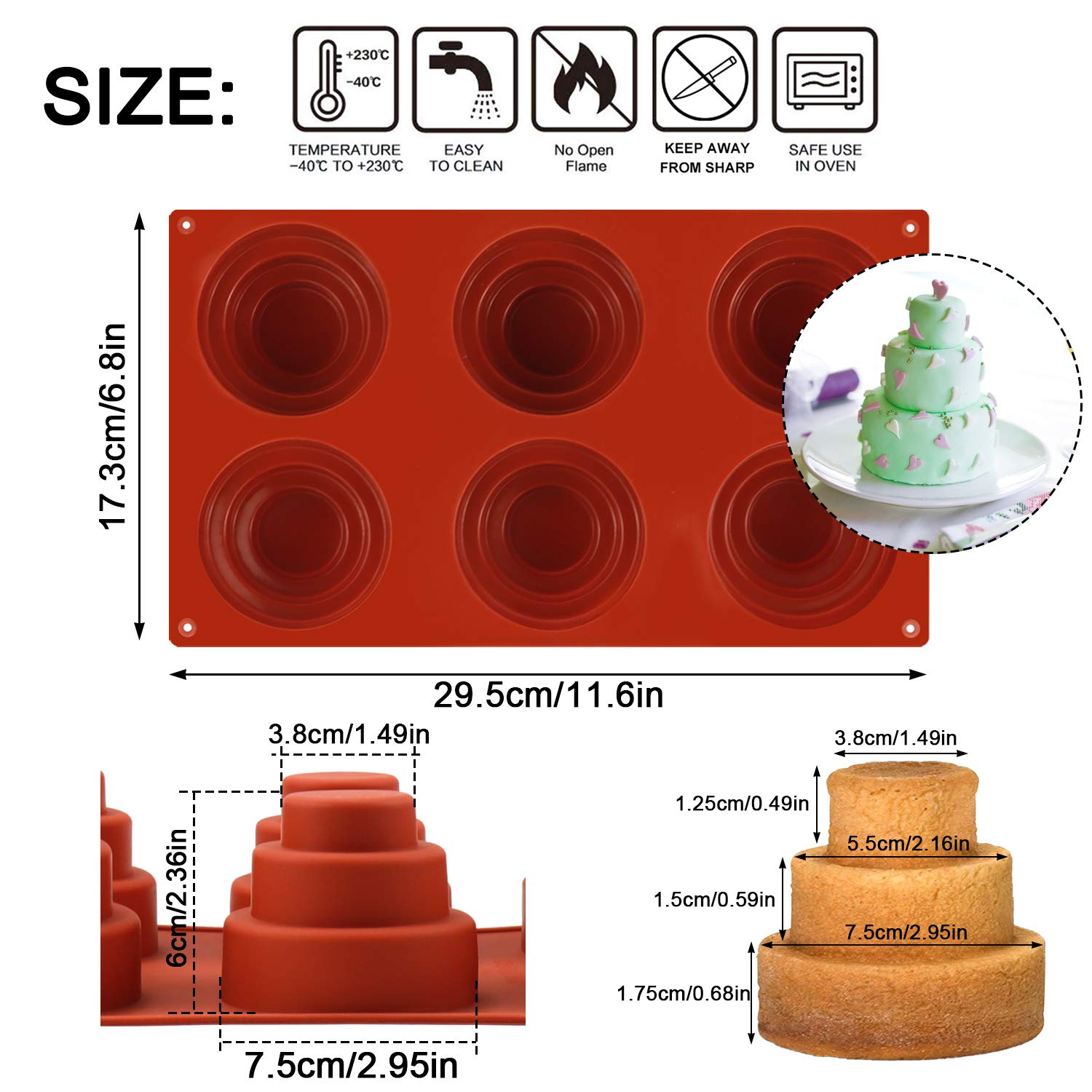 Mity Rain 6 Cavities Mini 3 Tier Cake Silicone Pan - Multi Tiered Cupcake Mold Diy Round Cupcake Pudding Cookie Chocolate Baking