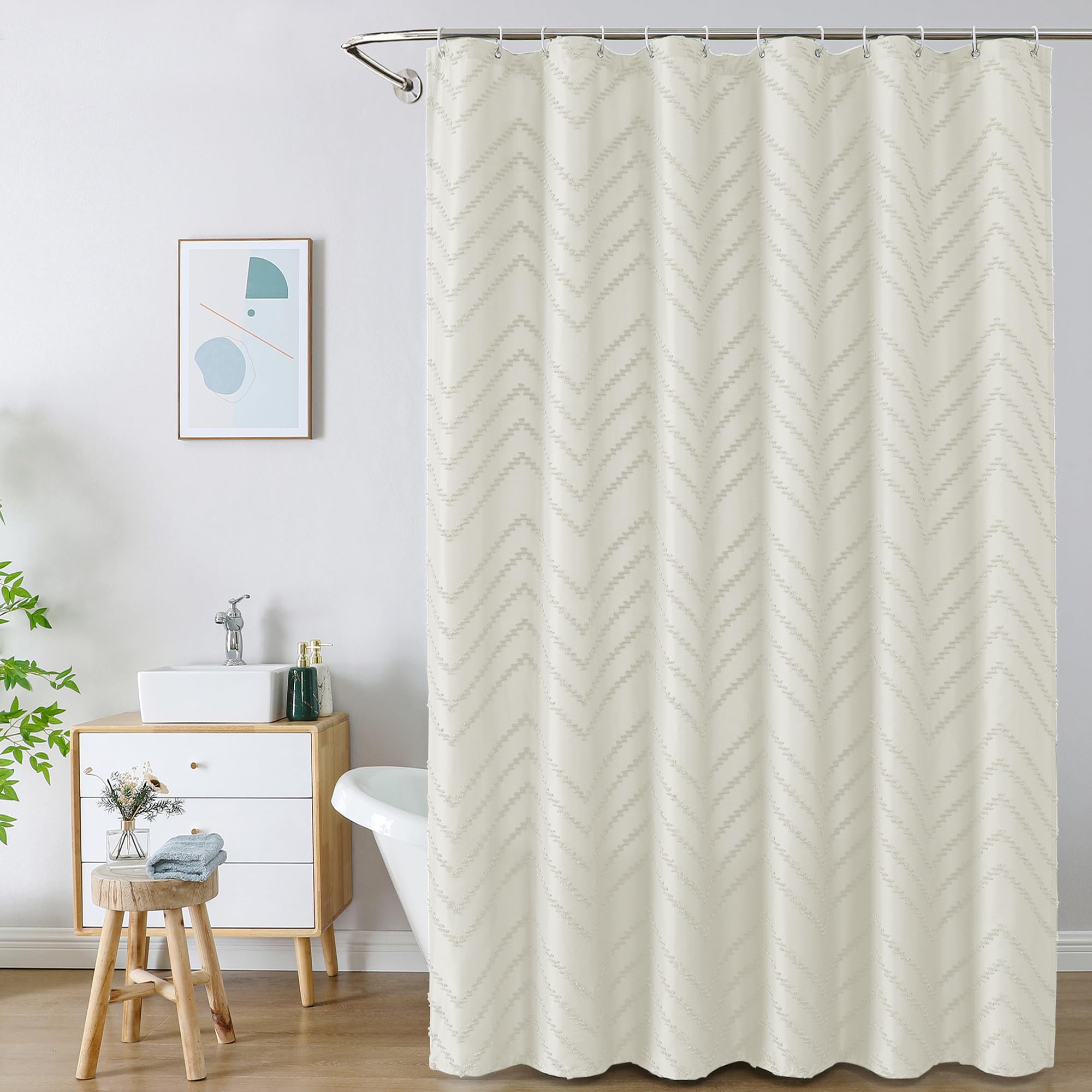 Chyhomenyc Chevron Extra Long Beige Fabric Shower Curtain 72X84 Inches, Modern Boho Shower Curtain Chic Textured Tufted Chevron