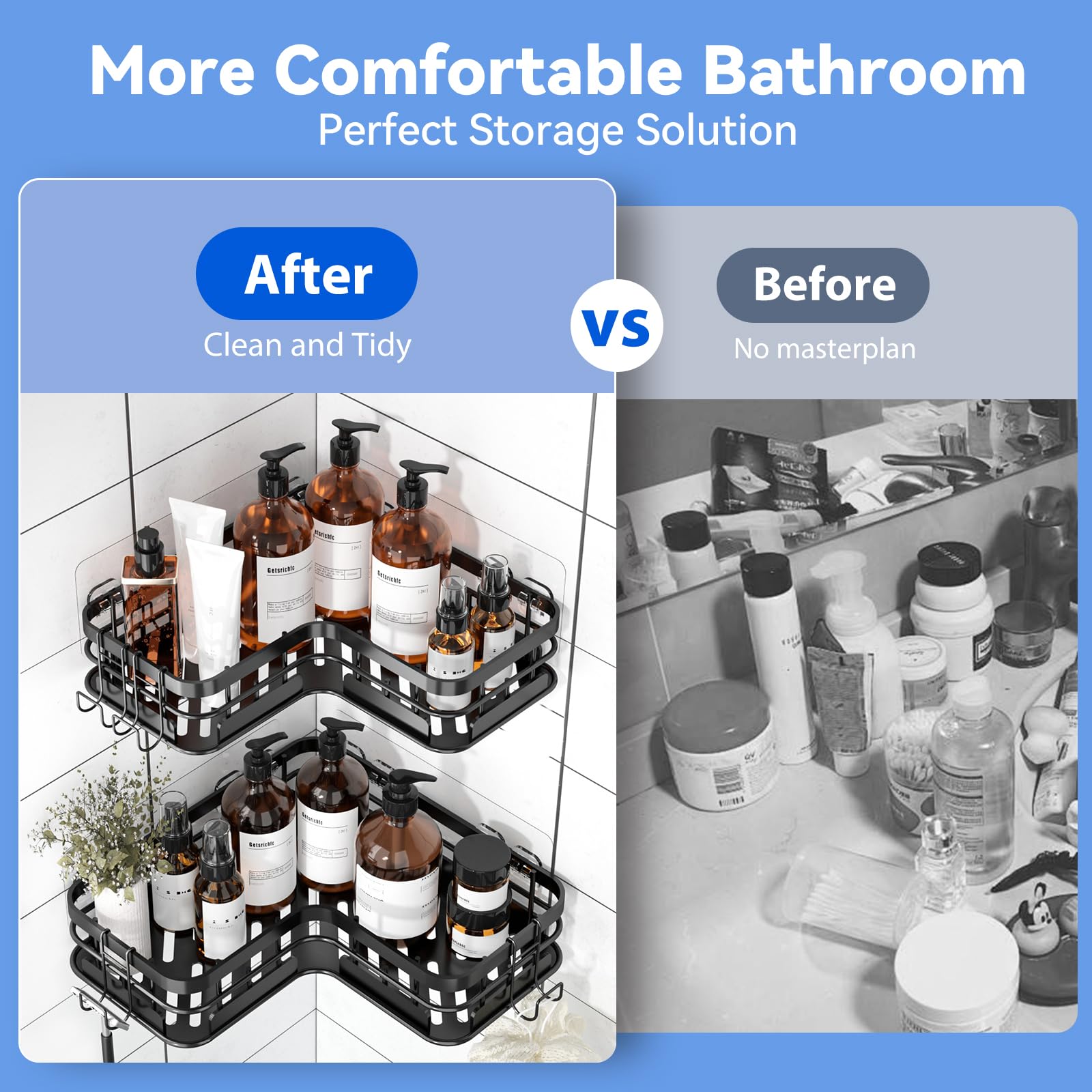 Getsrichfc Shower Caddy 3-Pack, Large Size Shower Shelves With Soap Holder, Adhesive And 4 N-Shaped Hook, Rustproof Stainless St