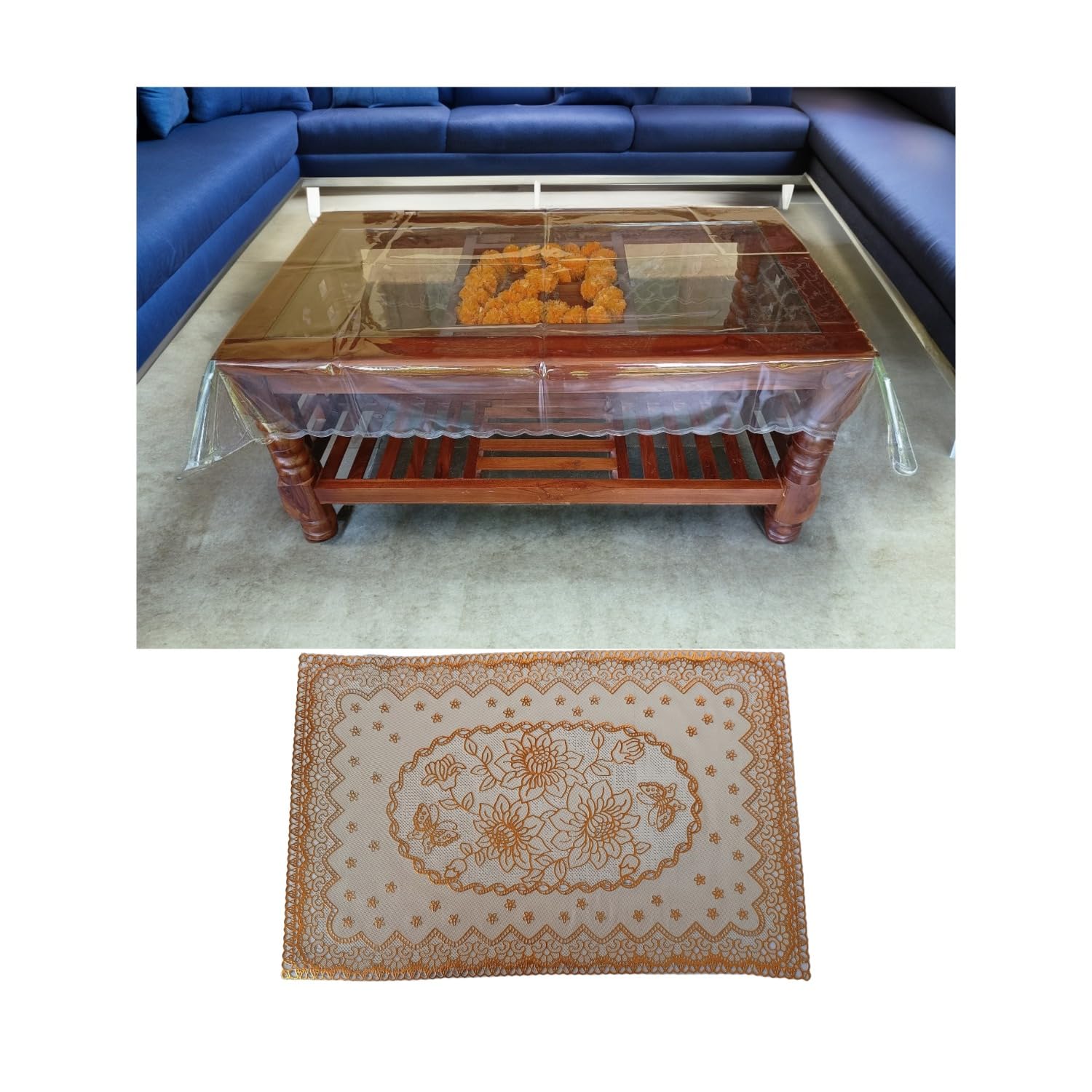 Combo of Rectangle Asan and Table Cover Water Dust Proof PVC Transparent Centre Table Cover 32 * 50 Inch