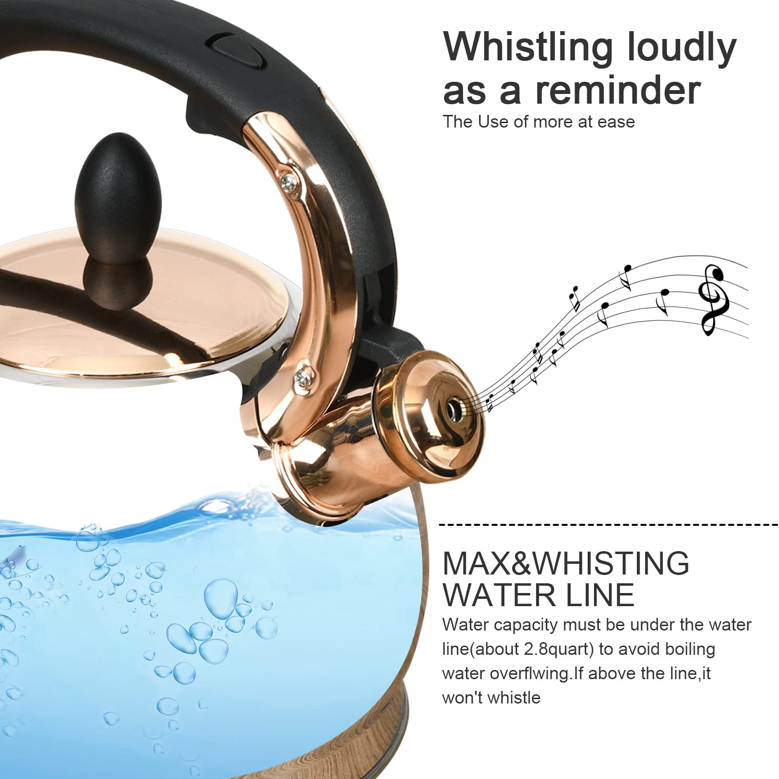LUXGRACE Stainless Steel Whistling Tea Kettle, 2.8 Quart, Silver, Model T04, Quick Heat Distribution, Metal Capsulated Bottom