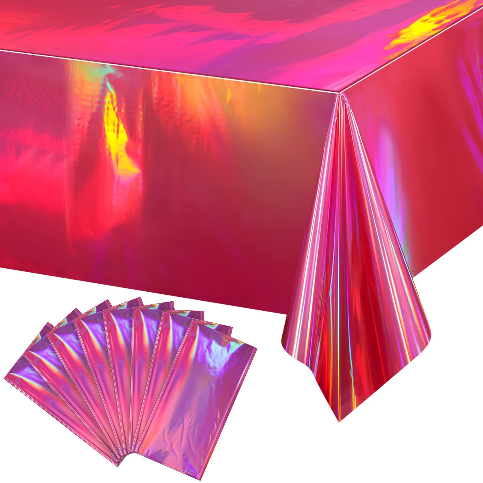 8 Pack Hot Pink Iridescence Plastic Tablecloths Shiny Disposable Laser Rectangle Table Covers Holographic Foil Tablecloth Irides