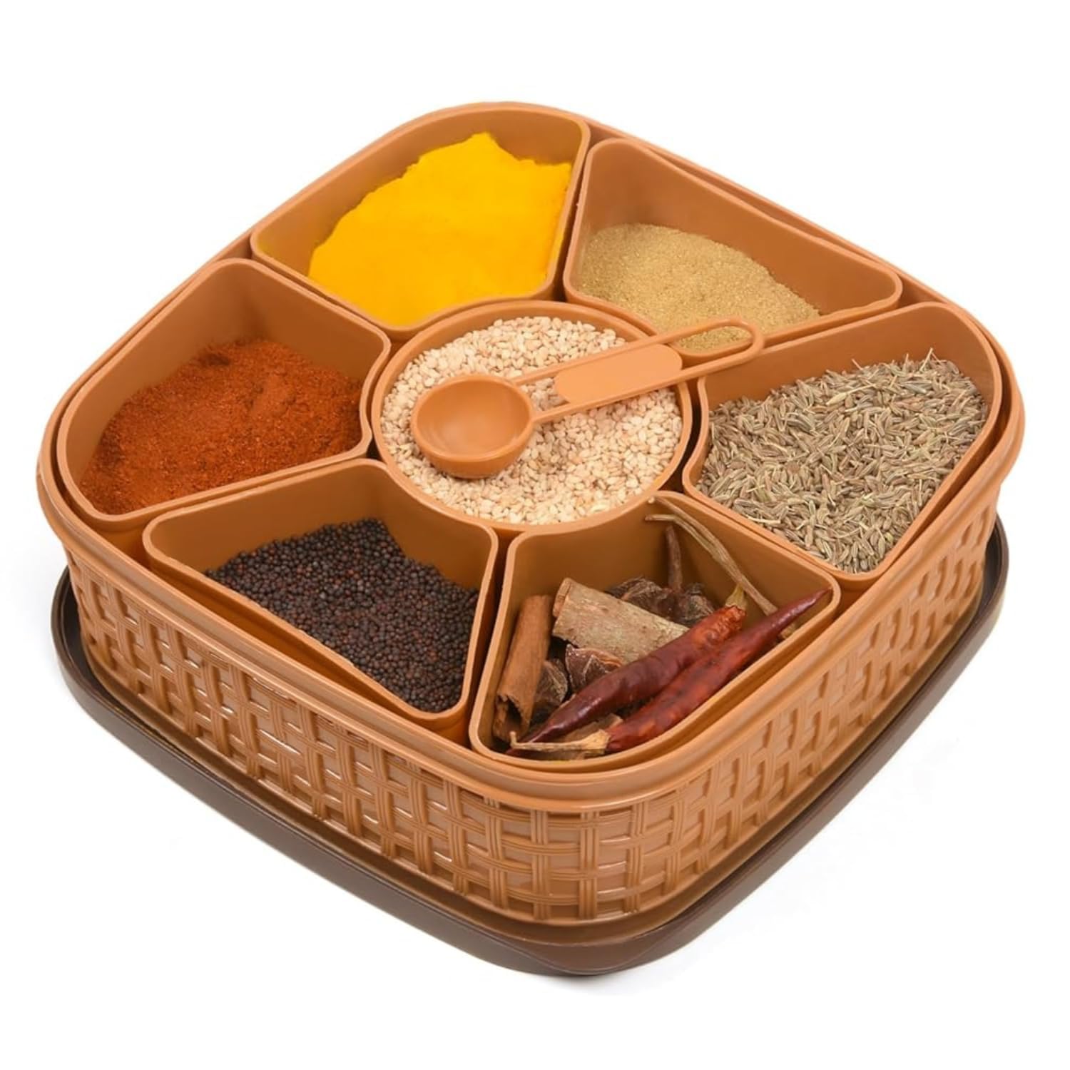 Nurah Compartment Spice Box With Lid & Spoon | Plastic Masala Storage Container | Multipurpose Kitchen Organizer For Spices, Dry