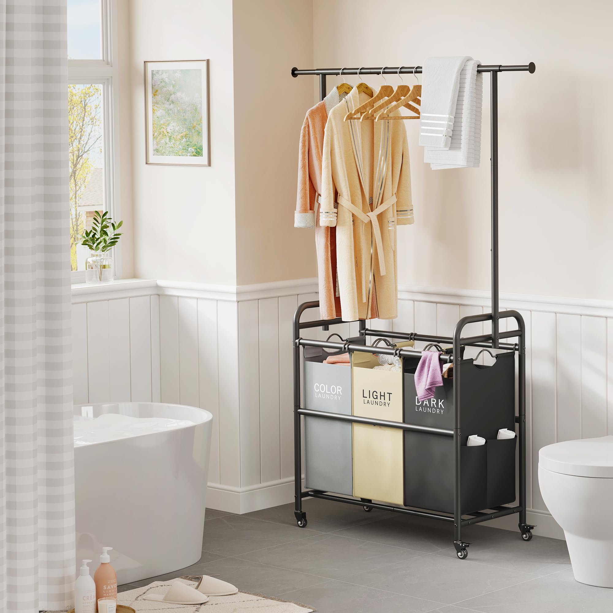 Tajsoon Laundry Sorter Cart With Hanging Rack, Laundry Sorter 3 Section, Laundry Hamper With Heavy Duty Rolling Lockable Wheels,