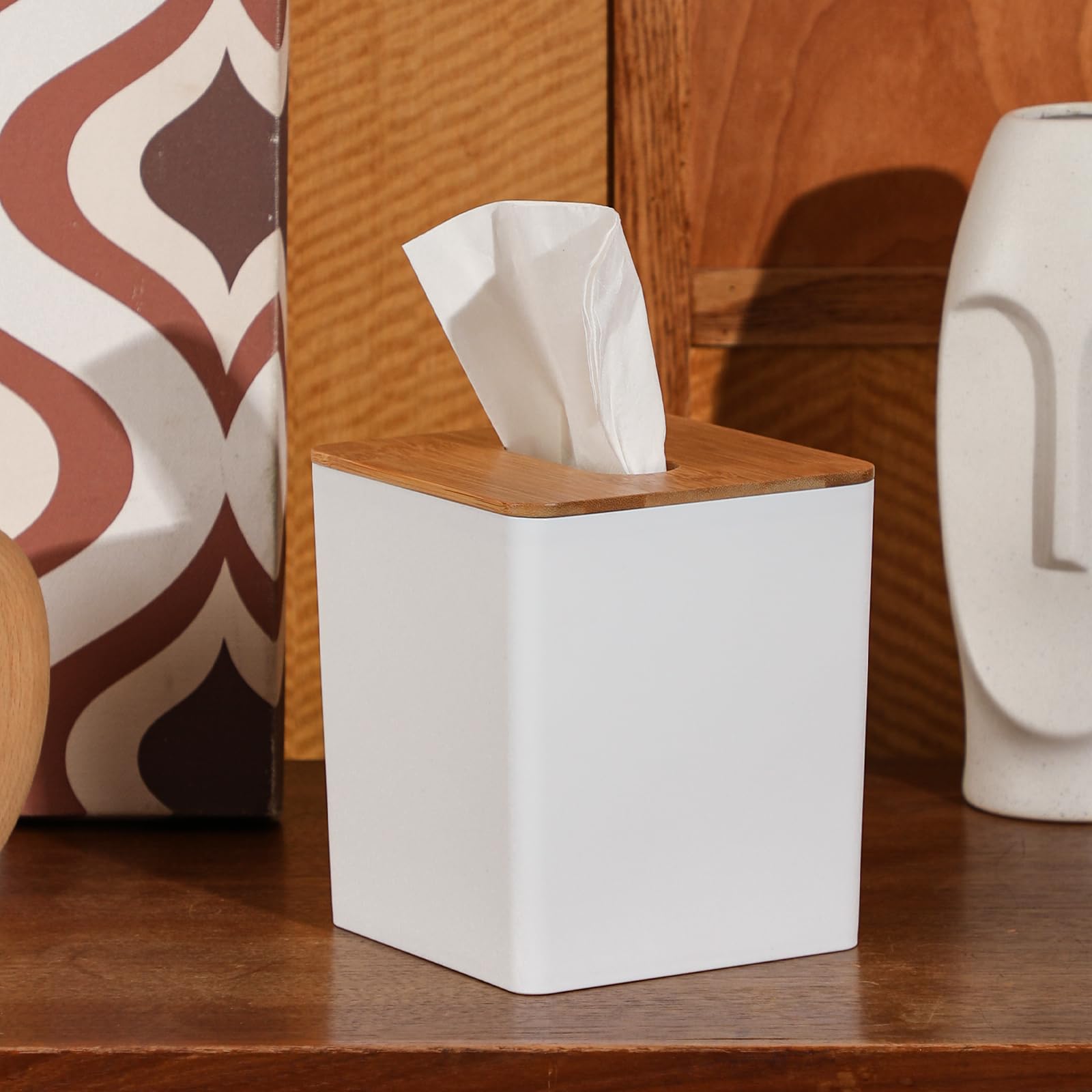 Tissue Box Cover Square,Tissue Box Holder With Bamboo Lid,Tissue Dryer Sheet Holder For Modern Farmhouse Boho Decor,1 Pack,(Whit