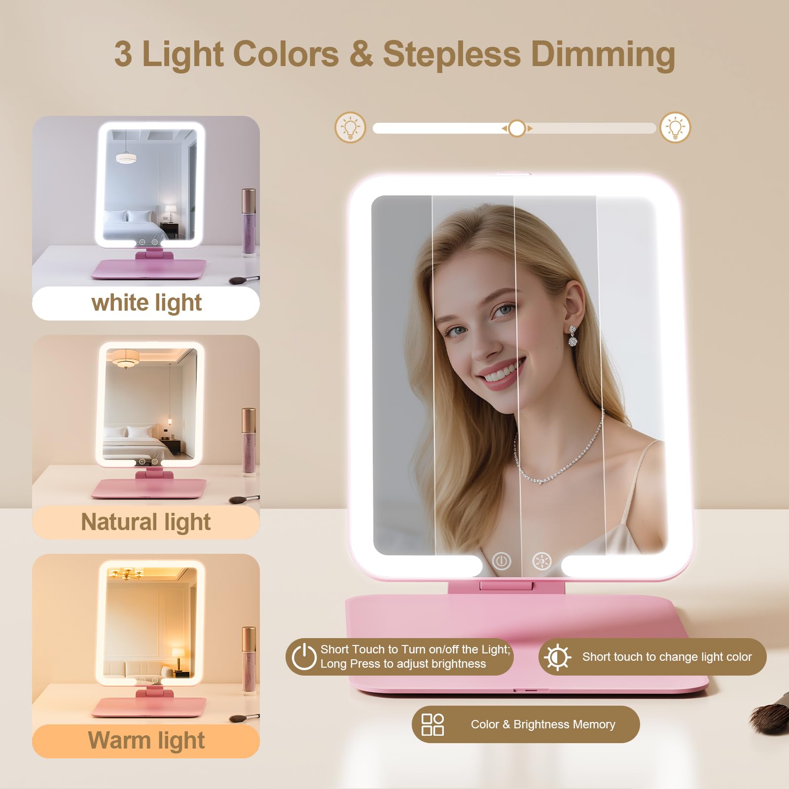 Benbilry Travel Makeup Mirror with Light, 15X Magnifying Mirror & 3 Color Modes, 1800mAh Rechargeable, Adjustable Height/Angle S