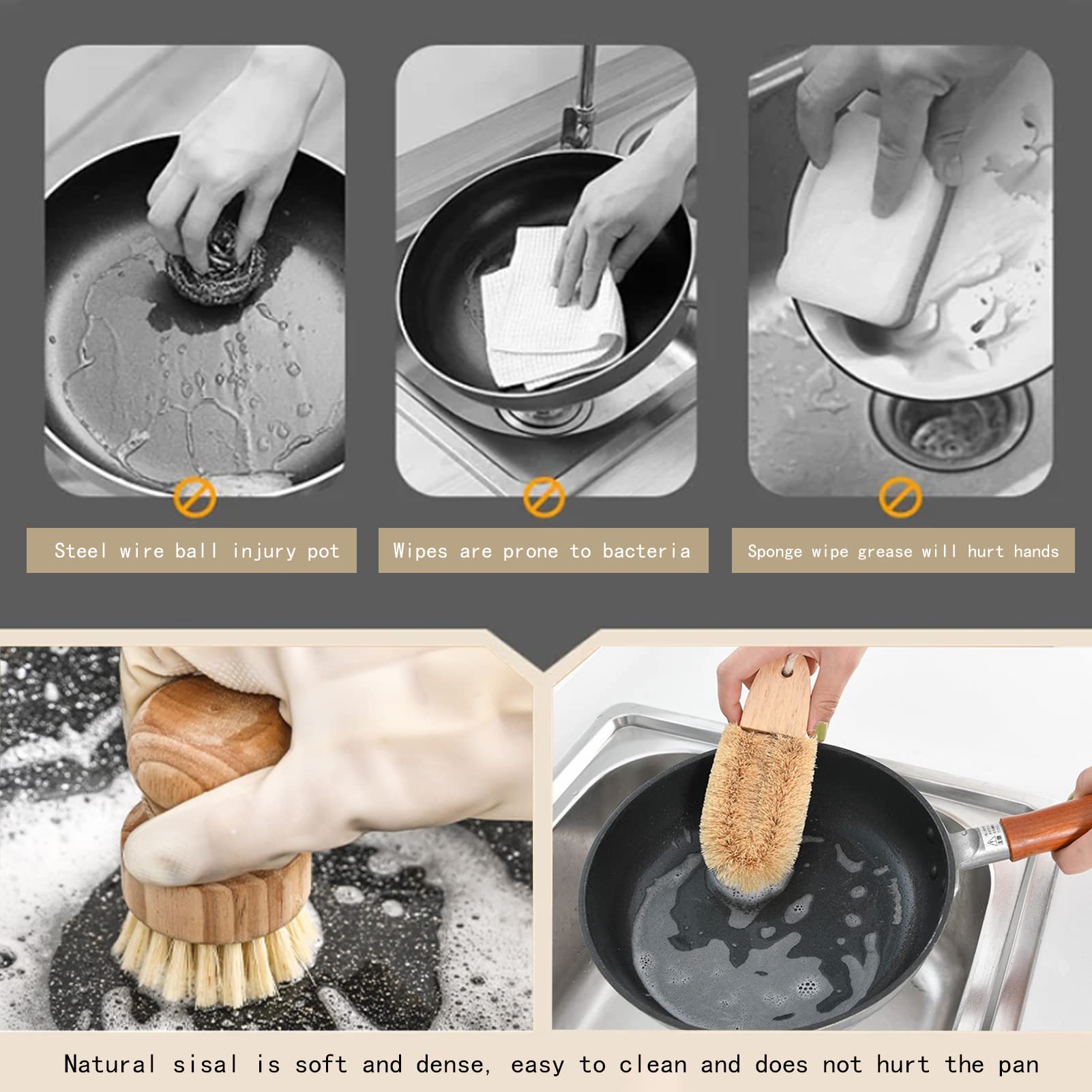 Bamboo Dish Scrub Brushes, Zp Natural 3Pack Kitchen Wooden Cleaning Scrubbers Set For Cleaning Pots, Pans And Vegetables
