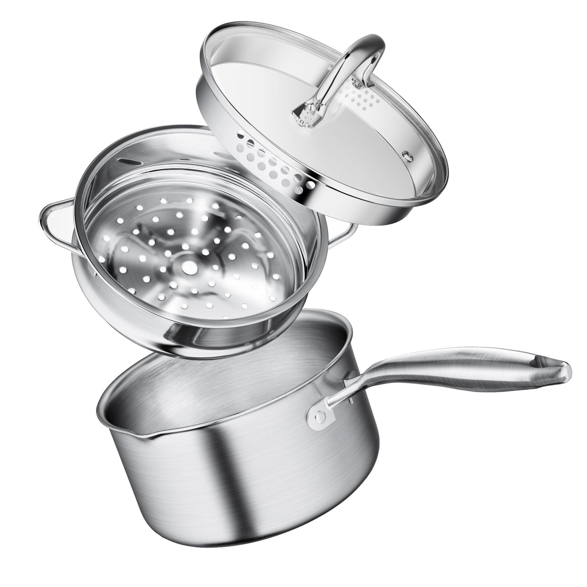 Leetaltree 1.5 Quart Stainless Steel Saucepan With Steamer Basket, Tri-Ply Construction, Versatile Sauce Pan With Double-Sized D