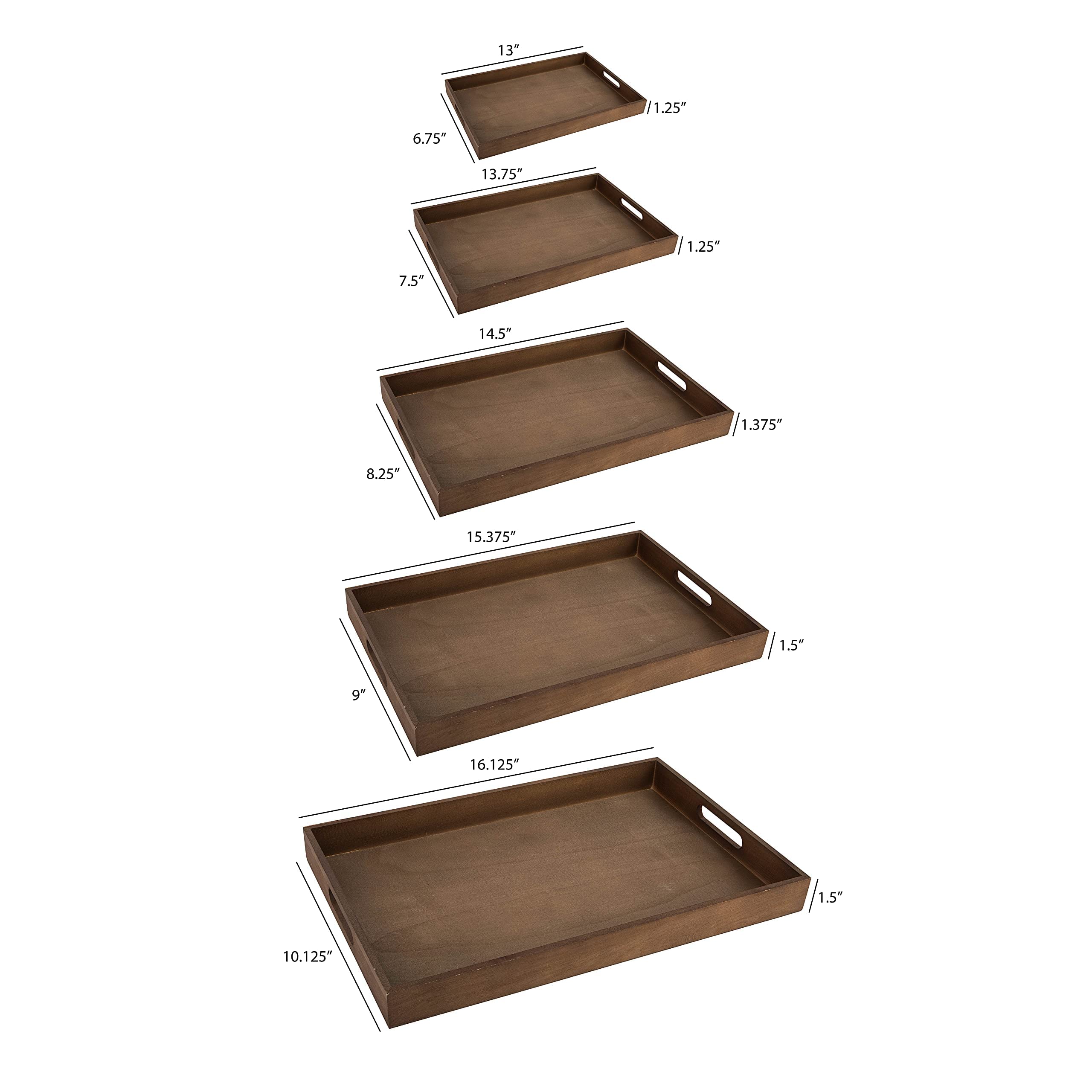 Dark Wood Serving Tray With Handles - Five Piece Nested Breakfast Tray - Wood Crafts Trays For Organizing | Bathroom Tray - Food