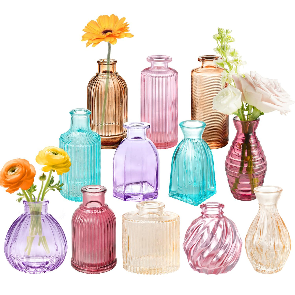 12PCS Mixed Colored Bud Vases Small Glass Vases for Flowers Colorful V ...