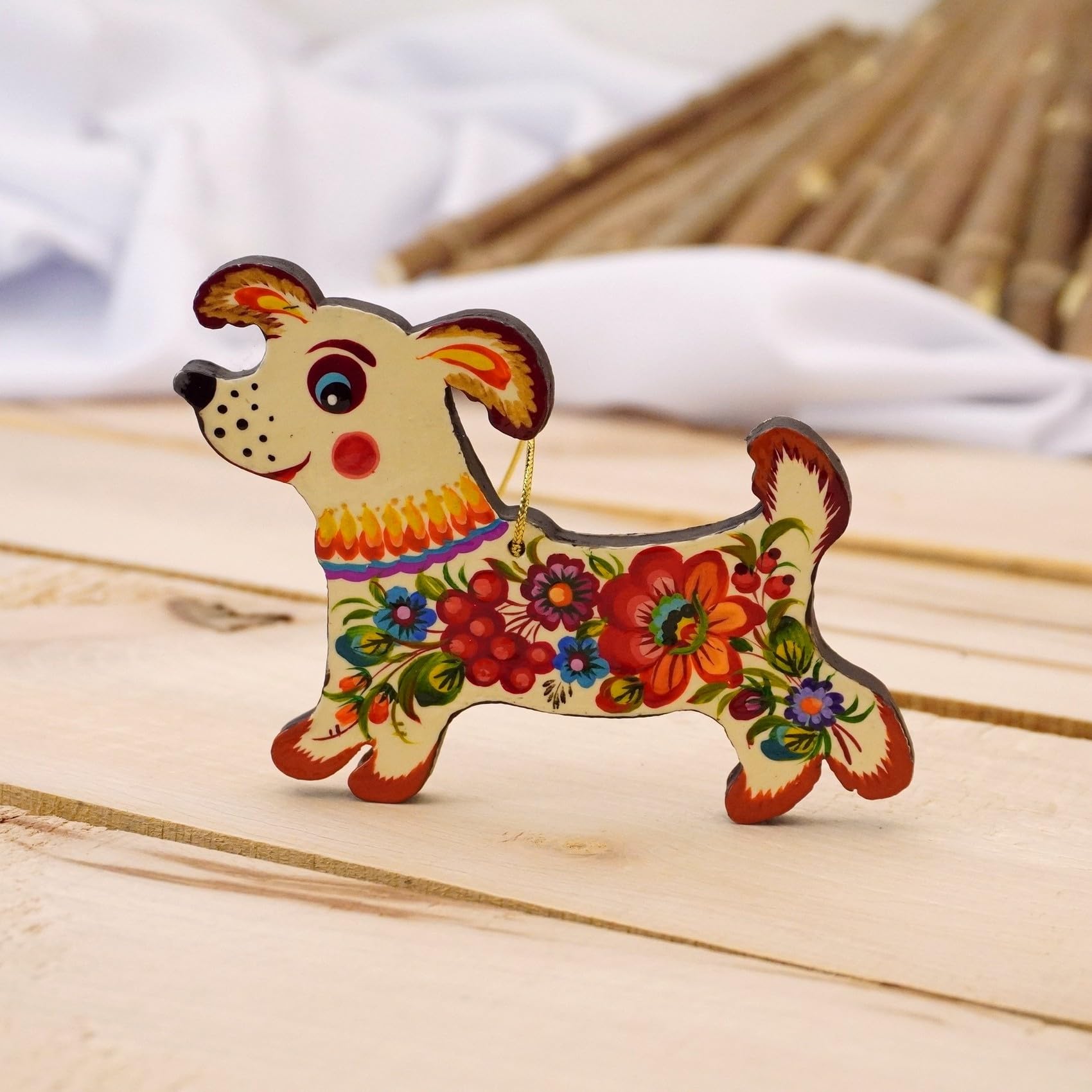 Dog Christmas Tree Ornament Wooden Flat Pet Decoration 3.9 x 3 x 0.2 inches Hand-painted Floral Ukrainian Folk Art Ornaments