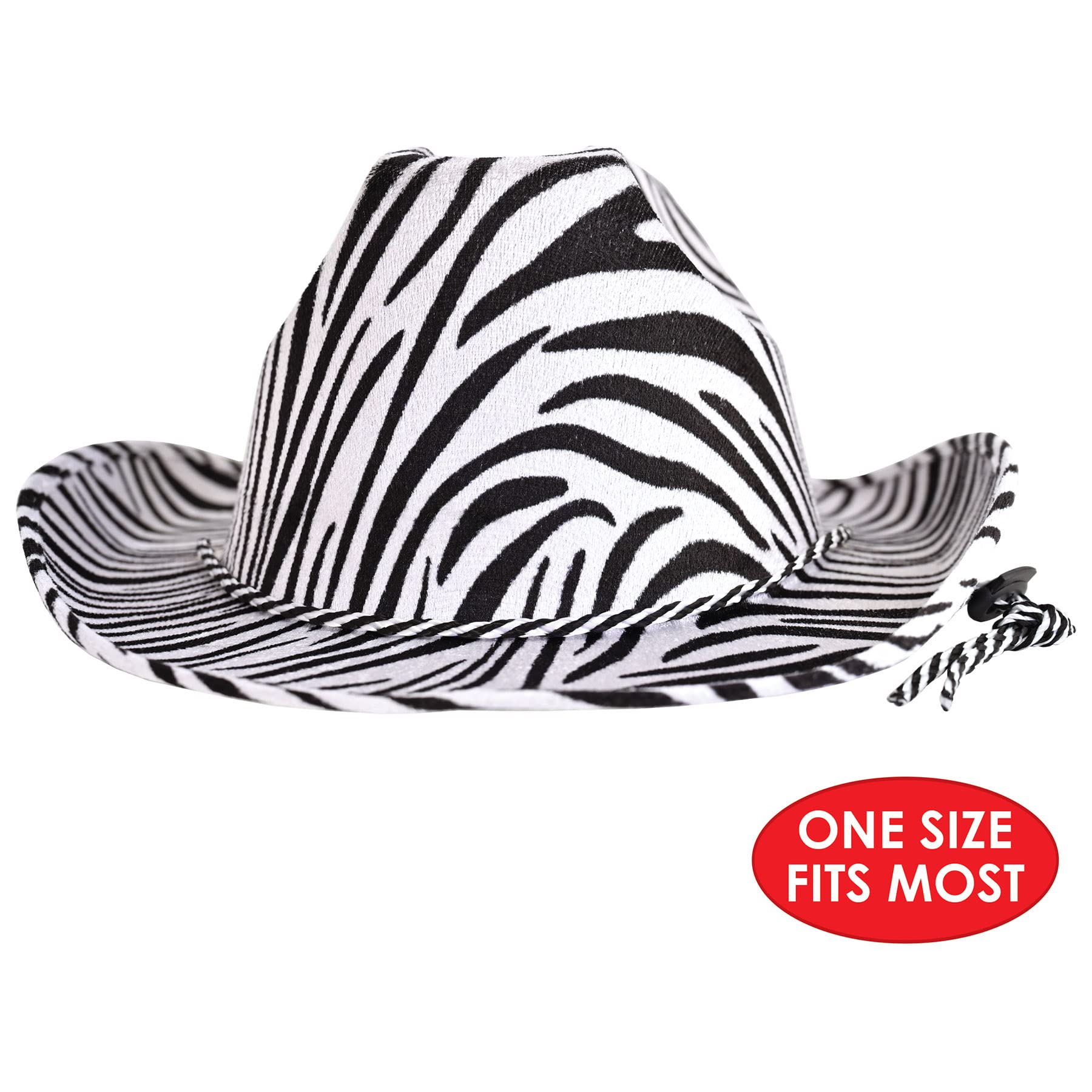 Beistle Zebra Print Cowboy Hats, 6 Pieces, Adjustable Chin Strap, Safari Party Supplies, Animal Halloween Costume Dress Up