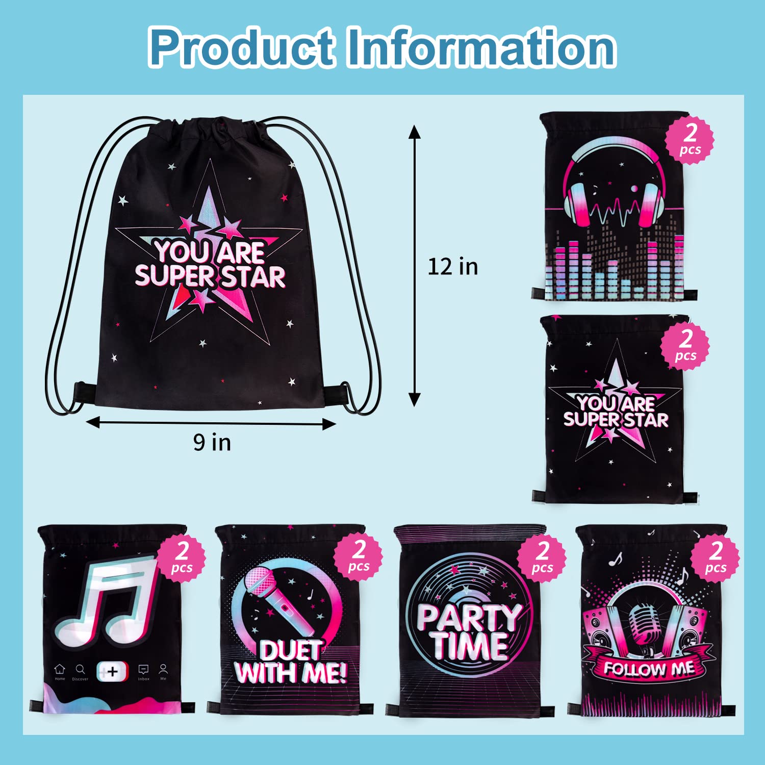 12 Pack Music Party Supplies Favor Drawstring Bags for Kids' Birthday  Boys Girls Music Tiktok Drawstring Backpack Bag as Loot and Goodie bags for Gifts  Treat  Candy  School  Travel or Birthday Party
