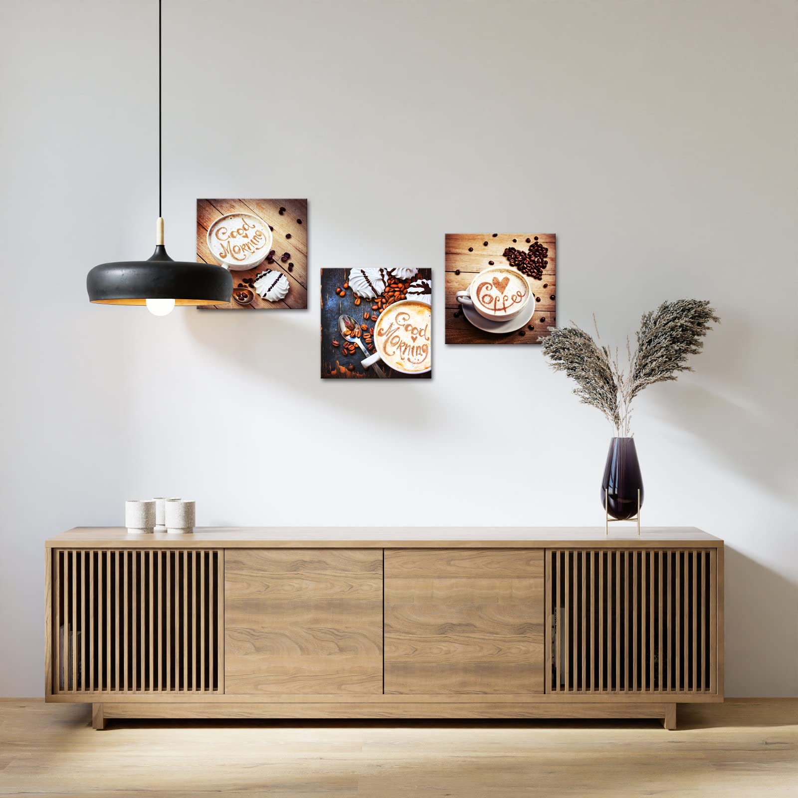 Ilooklike 3 Panels Kitchen Canvas Wall Art Coffee Beans Picture Prints Coffee Cup On Vintage Wooden Table Painting Cappuccino Po